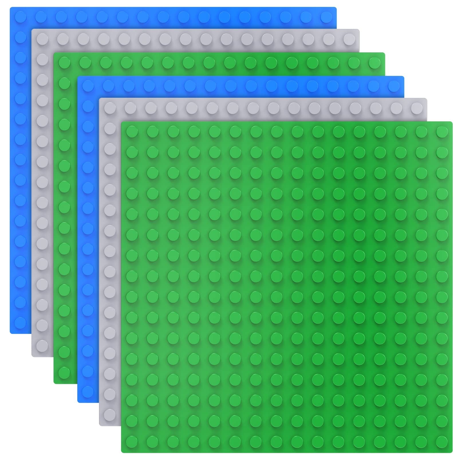 6 Pack Large Building Brick Baseplates – 10×10 Inch in Blue, Green, Gray – Compa