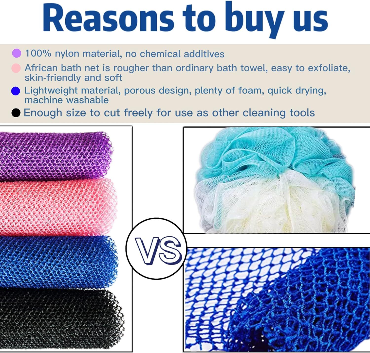 African Exfoliating Net, 4 Pieces Net Sponge, Black,blue,pink,purple