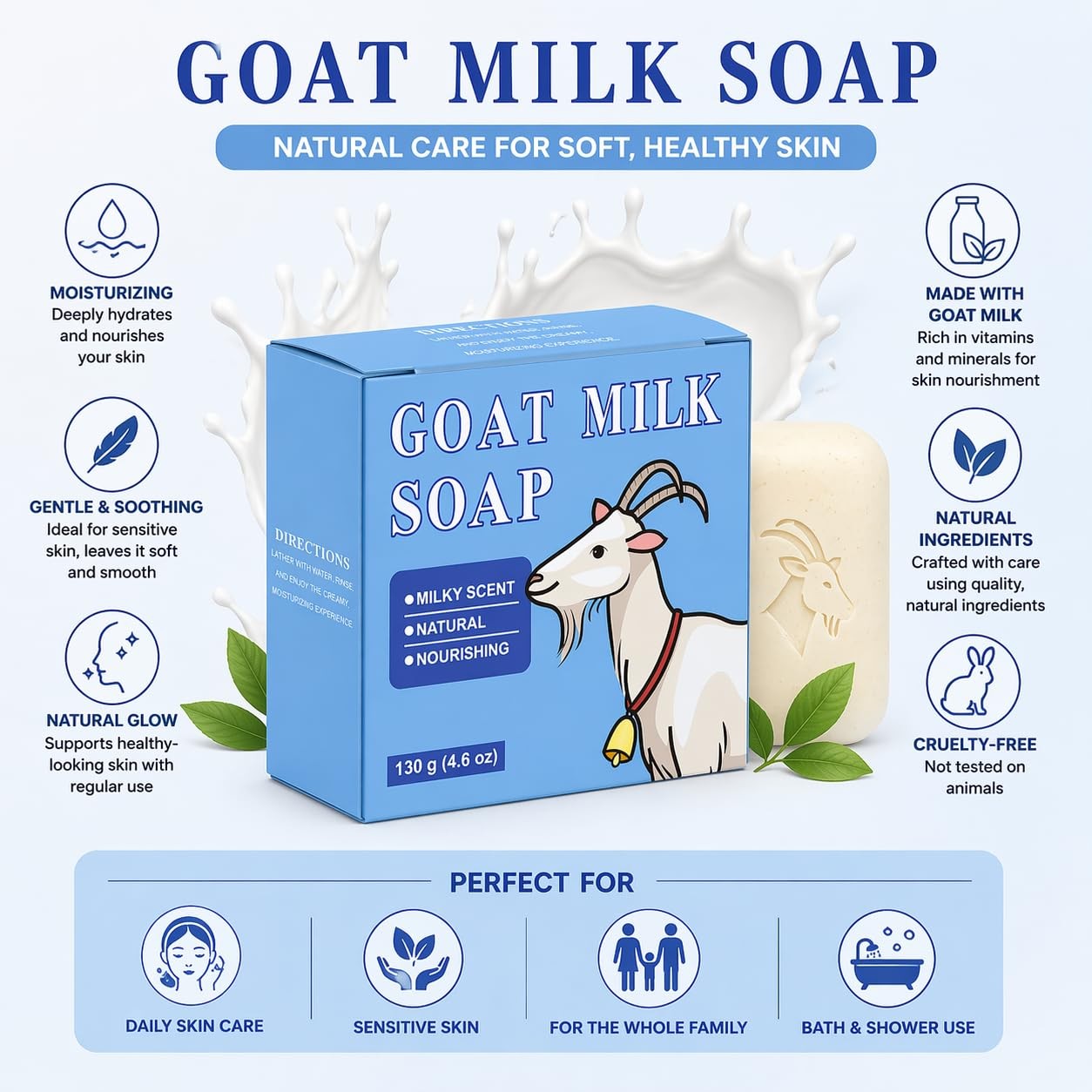 Goat Milk Soap Bar, Natural Nourishing Milky 4.6 Ounce (Pack of 1), White