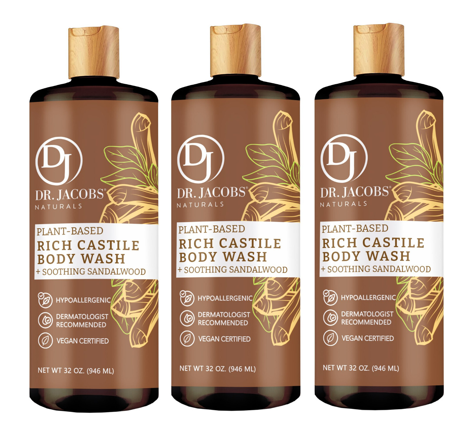Dr Jacobs Naturals 32oz Sandalwood Castile Body Wash Soap Plant-Based