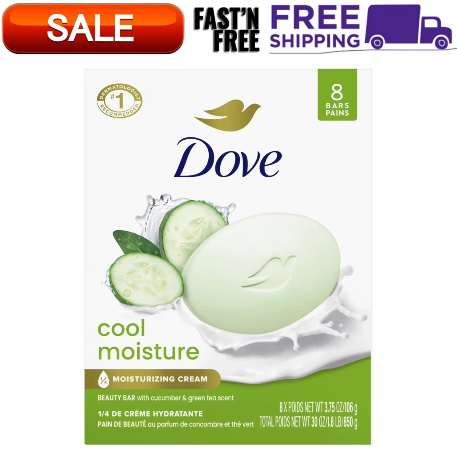 Dove Beauty Bar Bath Soap Cool Moisturizing Gentle Cucumber, 3.75 oz 8 Bars NEW