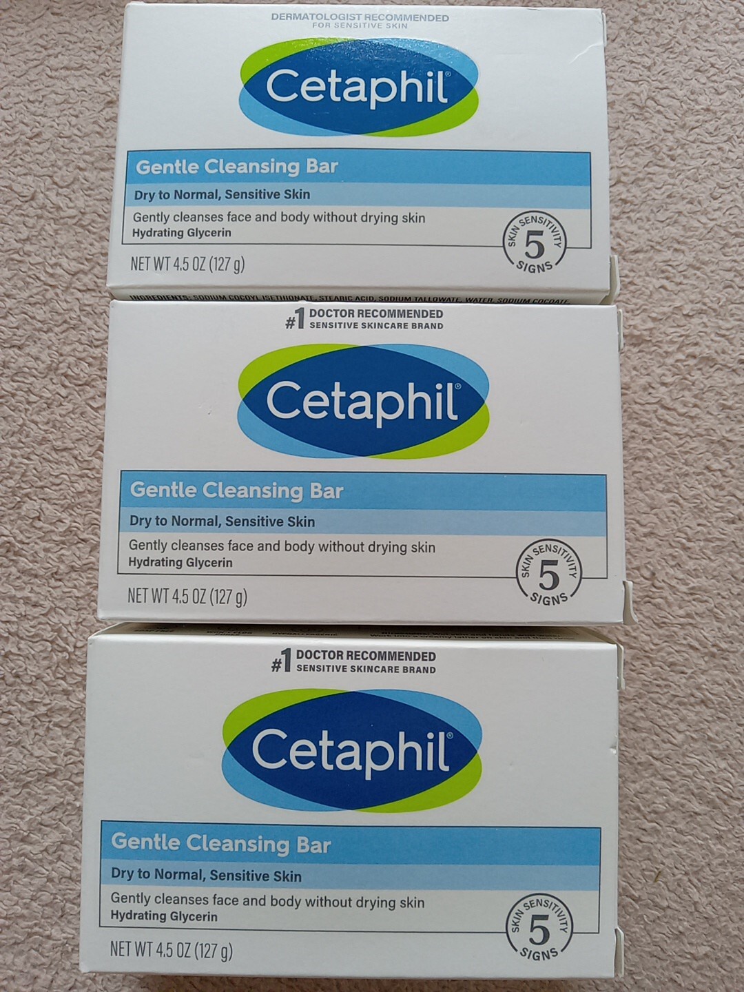 3 Cetaphil Gentle Cleansing Bar Soap Dry to Normal, Sensitive Skin 4.5 Oz Each