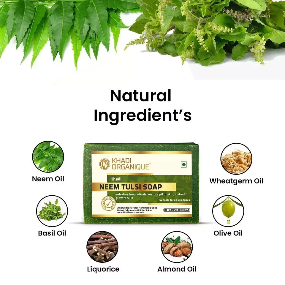 Khadi Organique Neem Tulsi Soap 125 gm x 5 Pcs Natural Cleansing All Skin Type