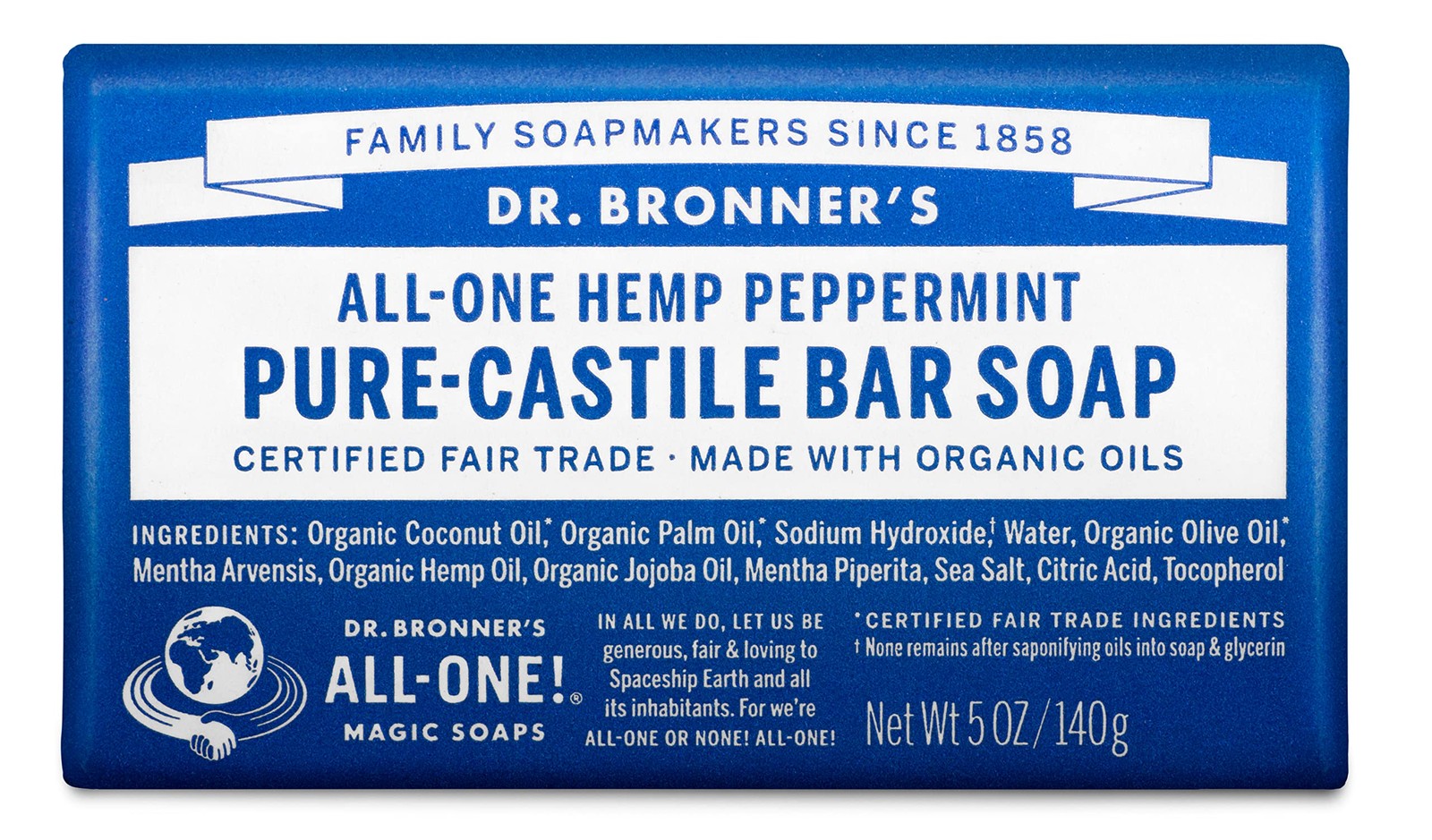 Dr Bronner’s Peppermint Bar Soap 5 Ounce Organic Fair Trade Bath Cleanser