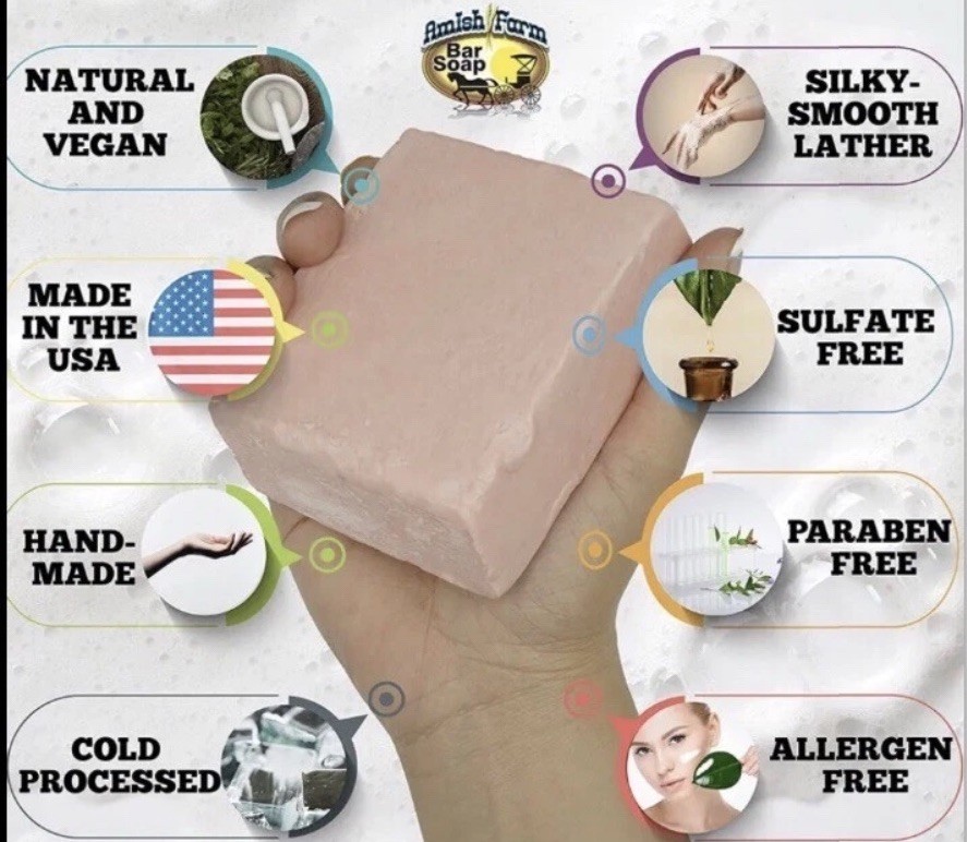 8 Bars Amish Farm Worlds Best Quality Bar Soap LARGE 6.8oz Each Bar (No Box/bag)