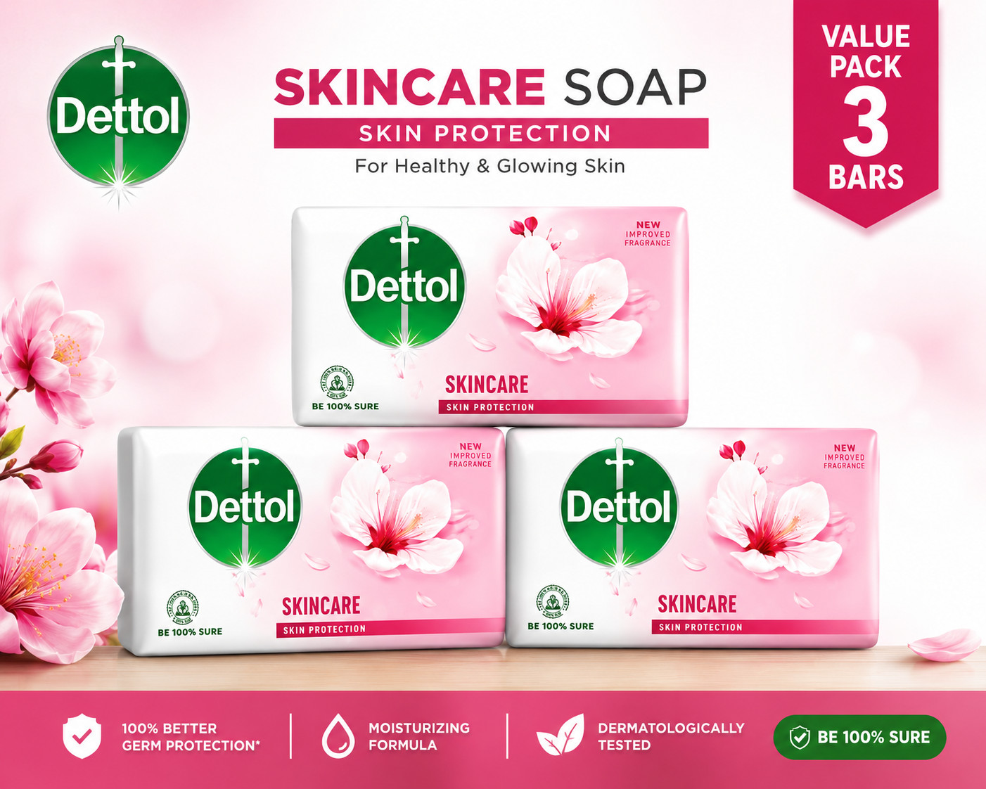 Pack of 3 Dettol Skincare Antibacterial Soap Bar 110g Moisturizing Soap