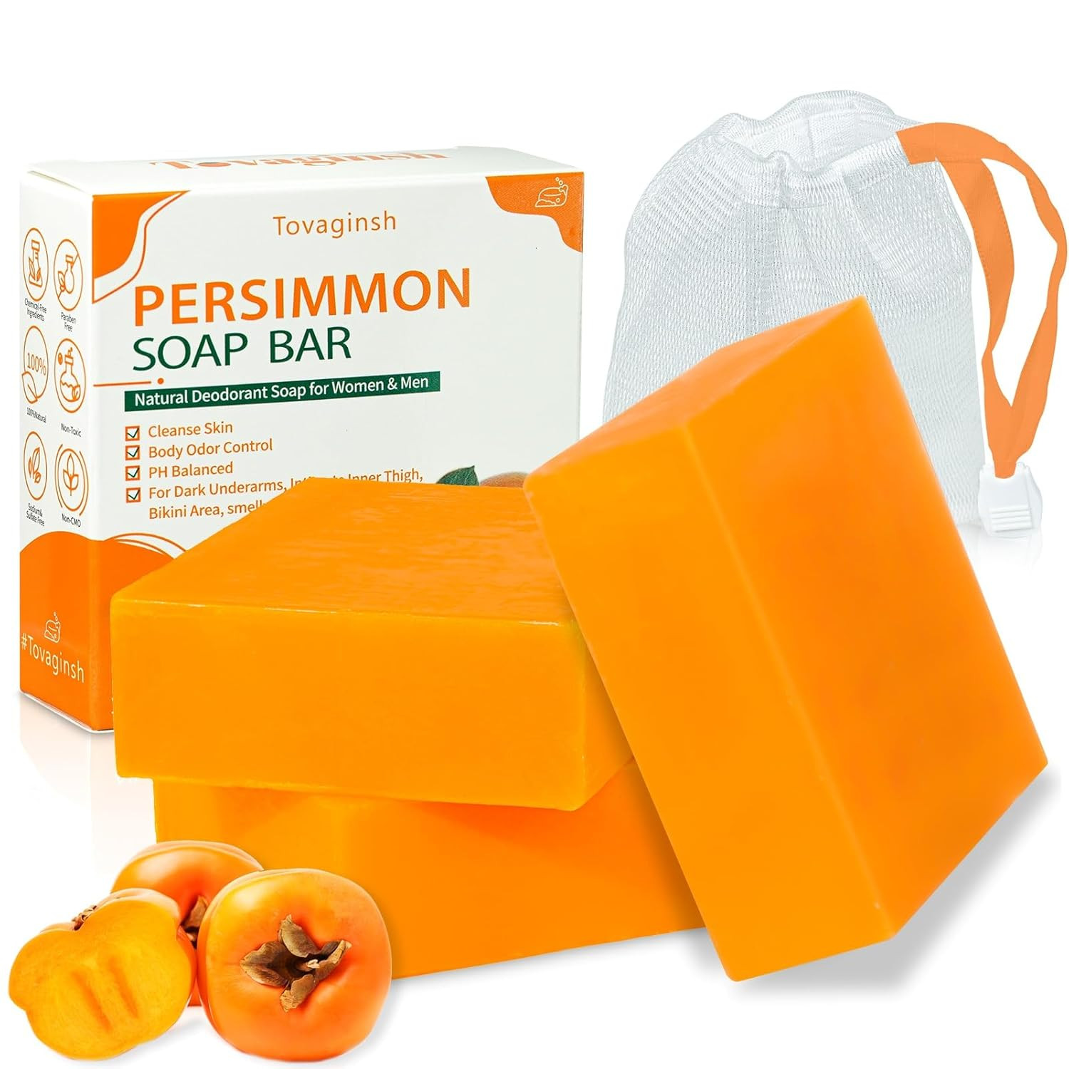 3Pack Natural Persimmon Soap Bar for Body Odor Control, Organic Deodorant Body P