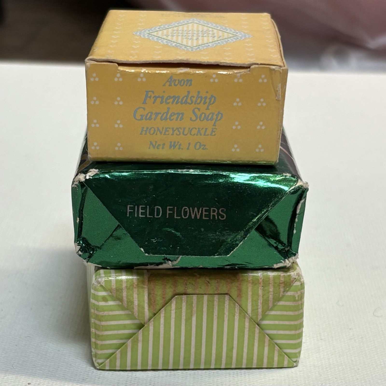 Three Vtg Small Avon Soaps 3 oz. Mint, 1 oz. Honeysuckle, 3 oz. Field Flowers