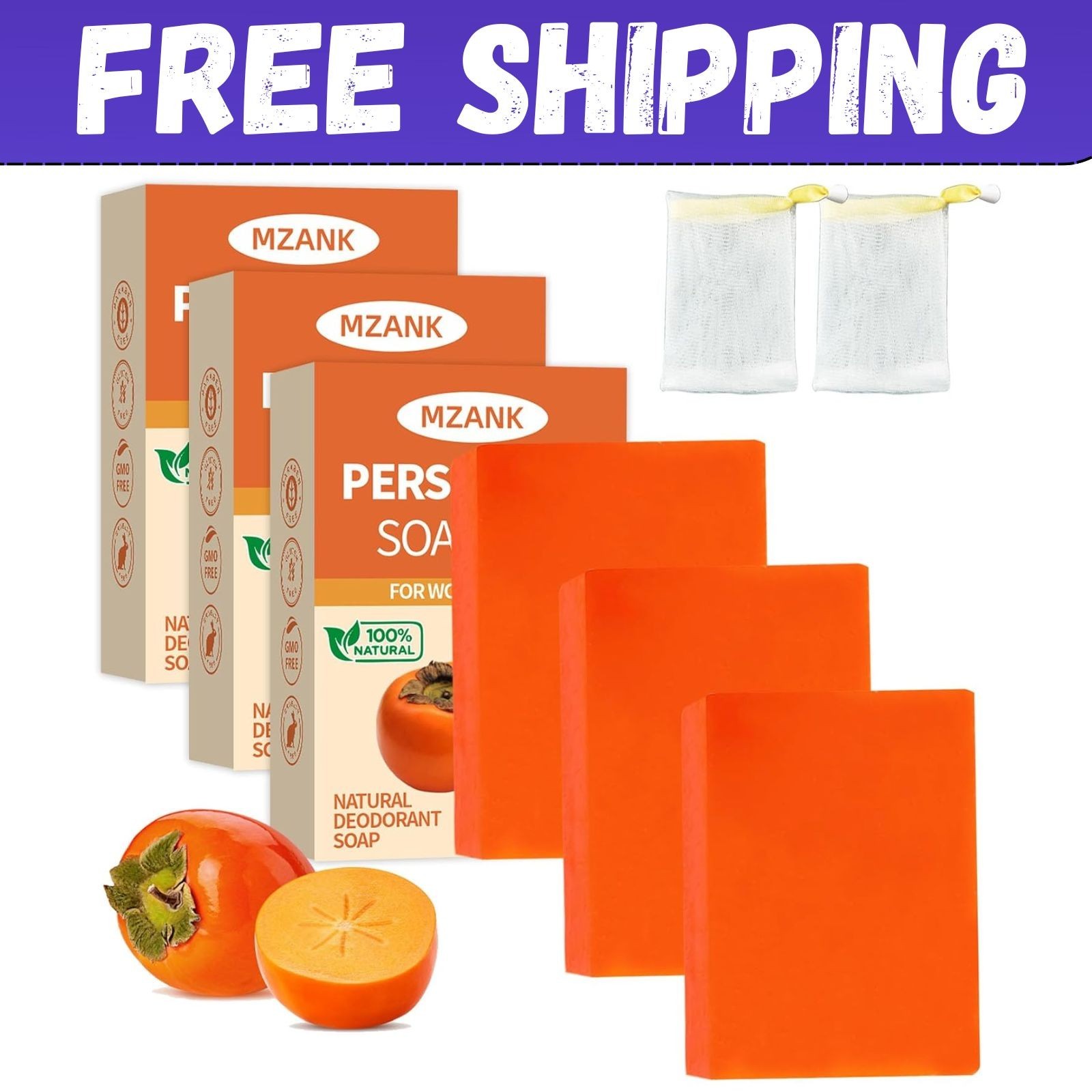 3 PACK Persimmon Soap Bar for Old People Smell,Natural Deodorant Body Face Bar S