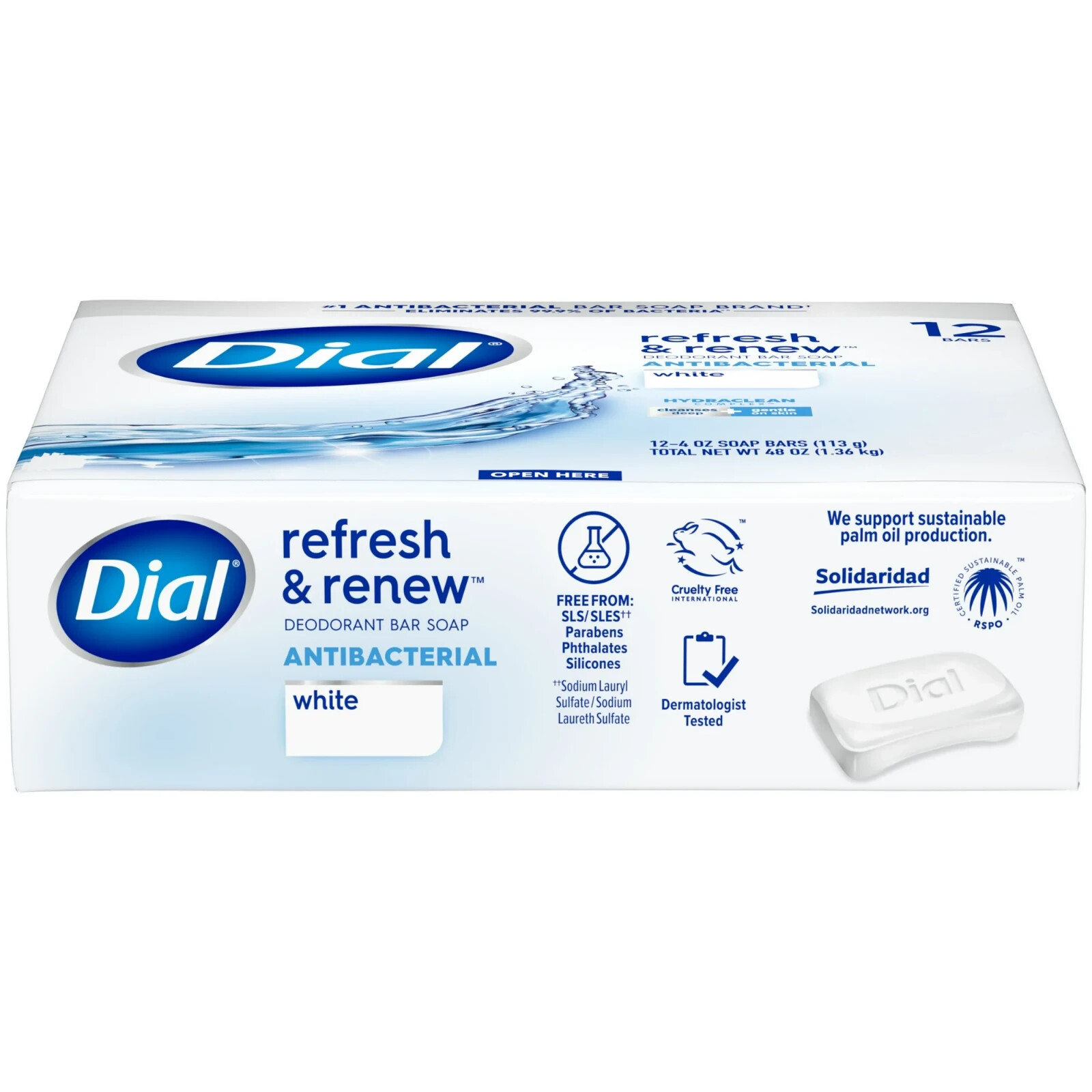 Dial Antibacterial Bar Soap, Refresh & Renew, White, 4 oz, 12 Bars