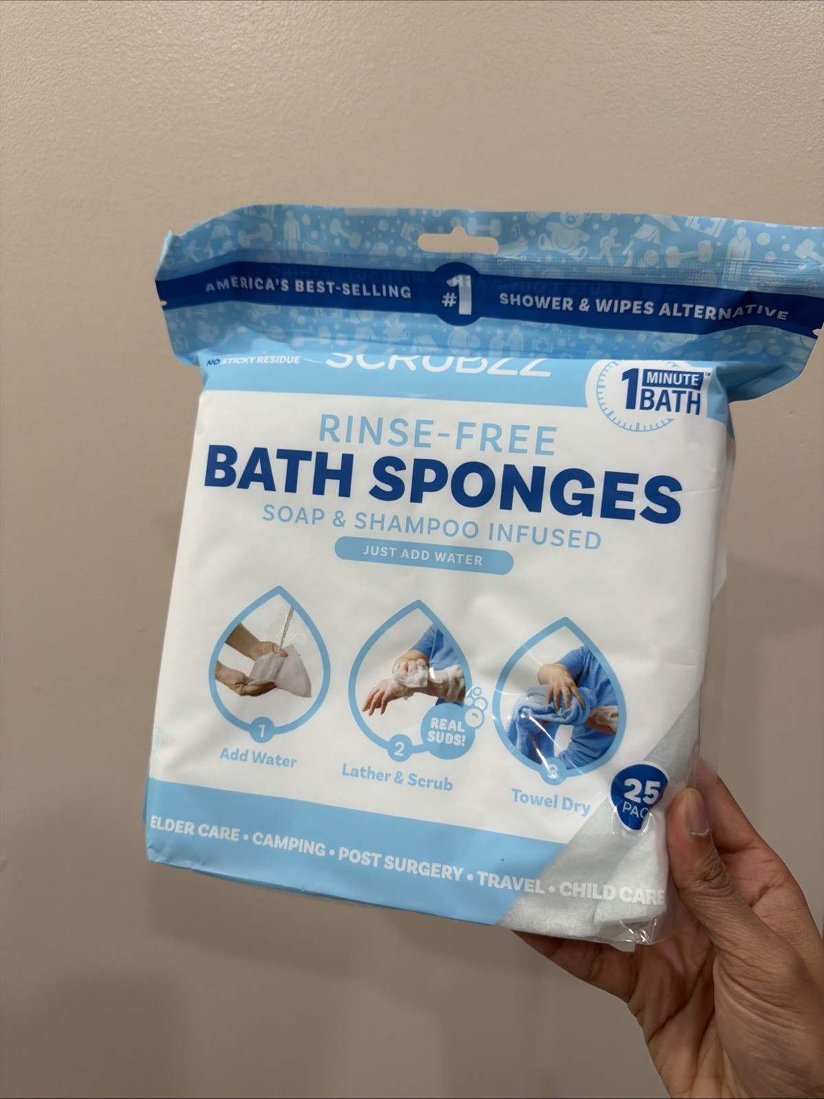 Scrubzz Disposable Rinse Free Bath Sponges Sensitive Skin Soap and Shampoo 25 Ct