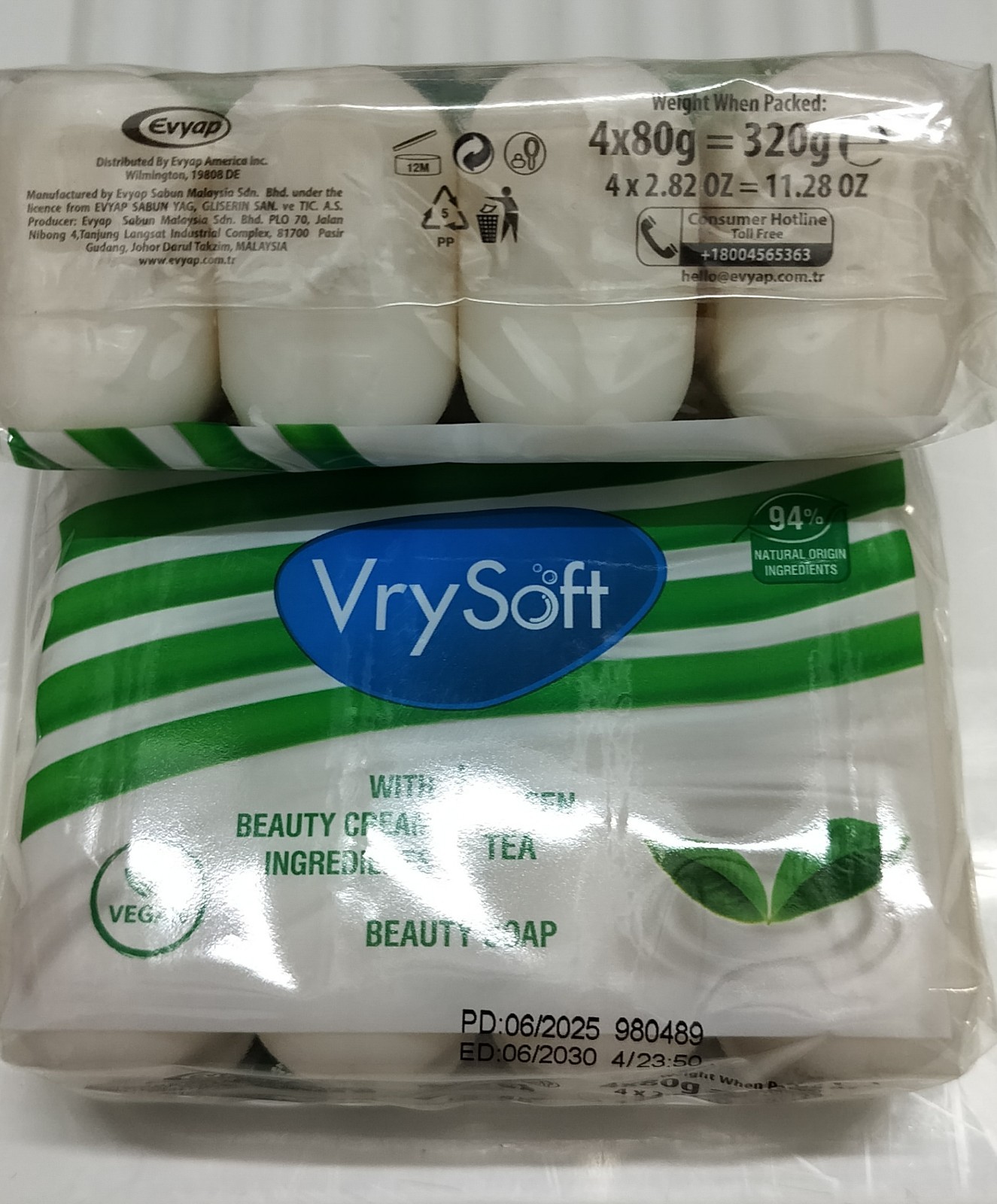2 Packs VrySoft Beauty Soap Green Tea 4 Bars Each 8 Total VEGAN Natural