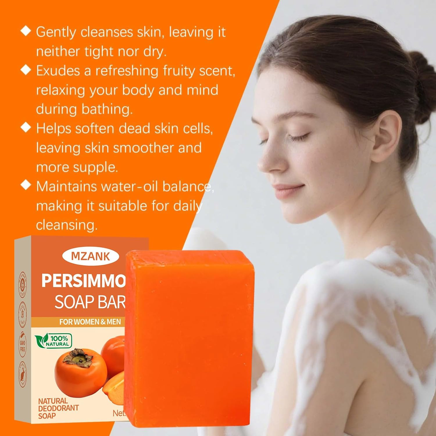 3 PACK Persimmon Soap Bar for Old People Smell,Natural Deodorant Body Face Bar S