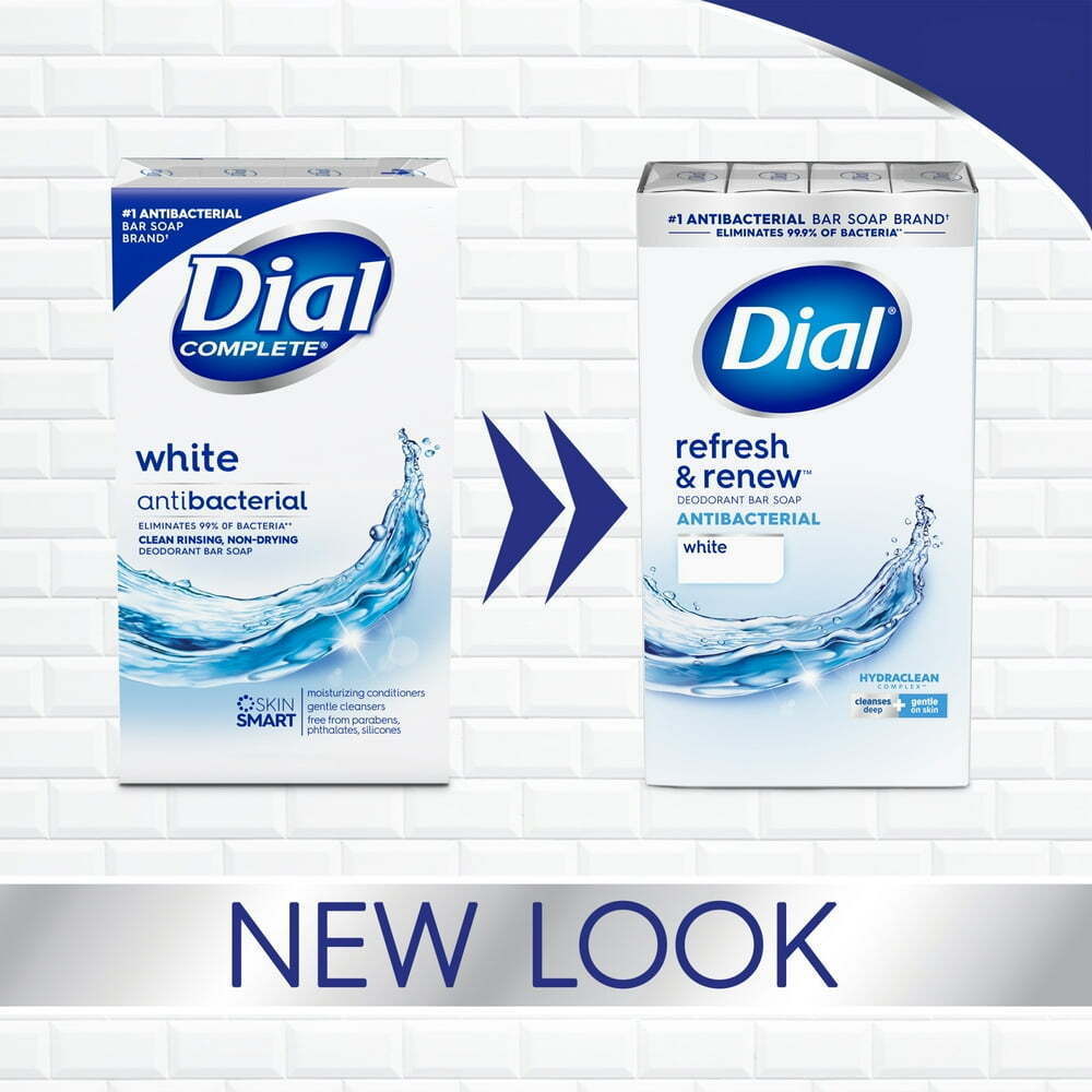 Dial Antibacterial Bar Soap, Refresh & Renew, White, 4 oz, 12 Bars