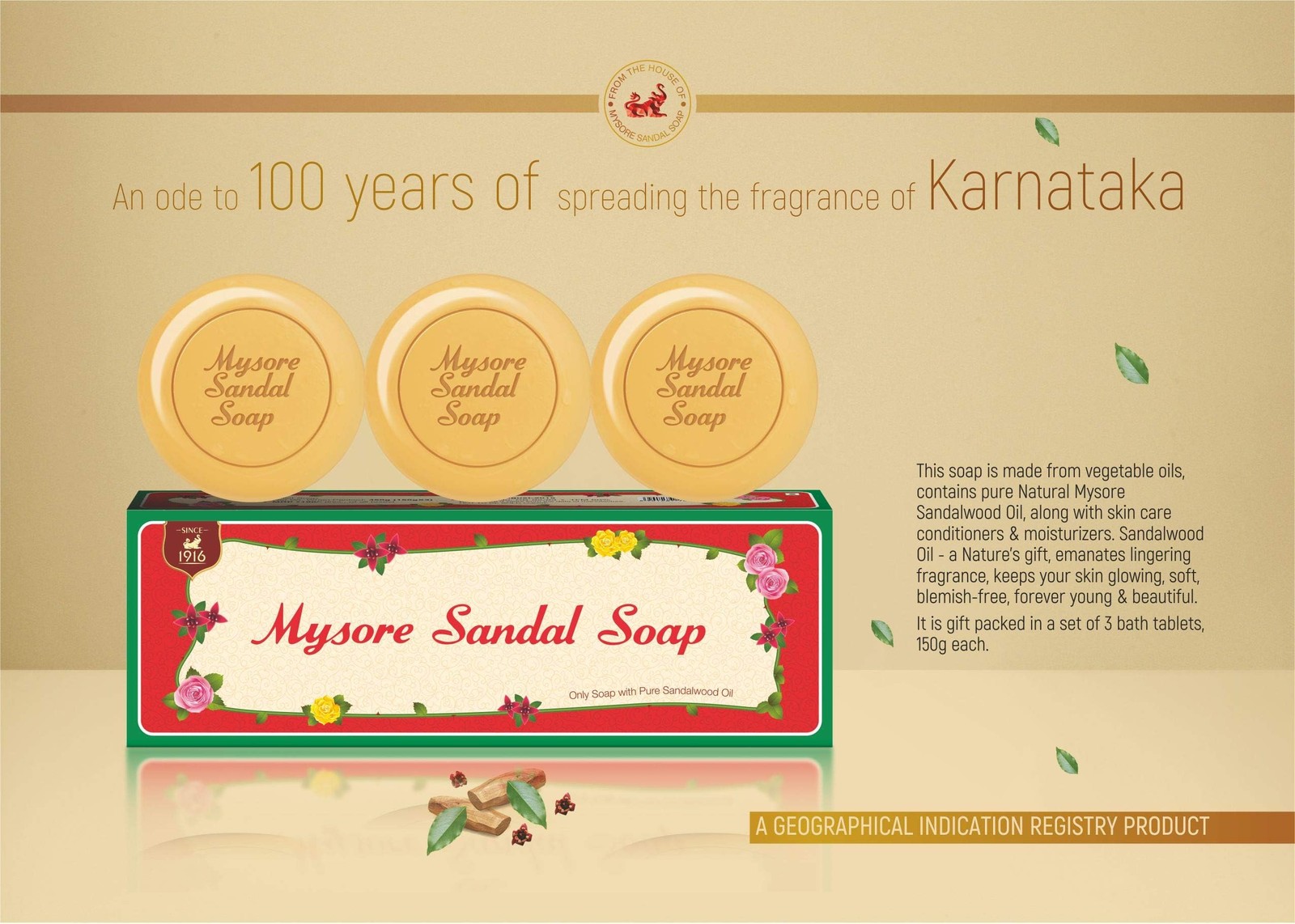 Mysore Sandal Soap, 150g (Pack of 3) 5.3 Ounce 3), Brown