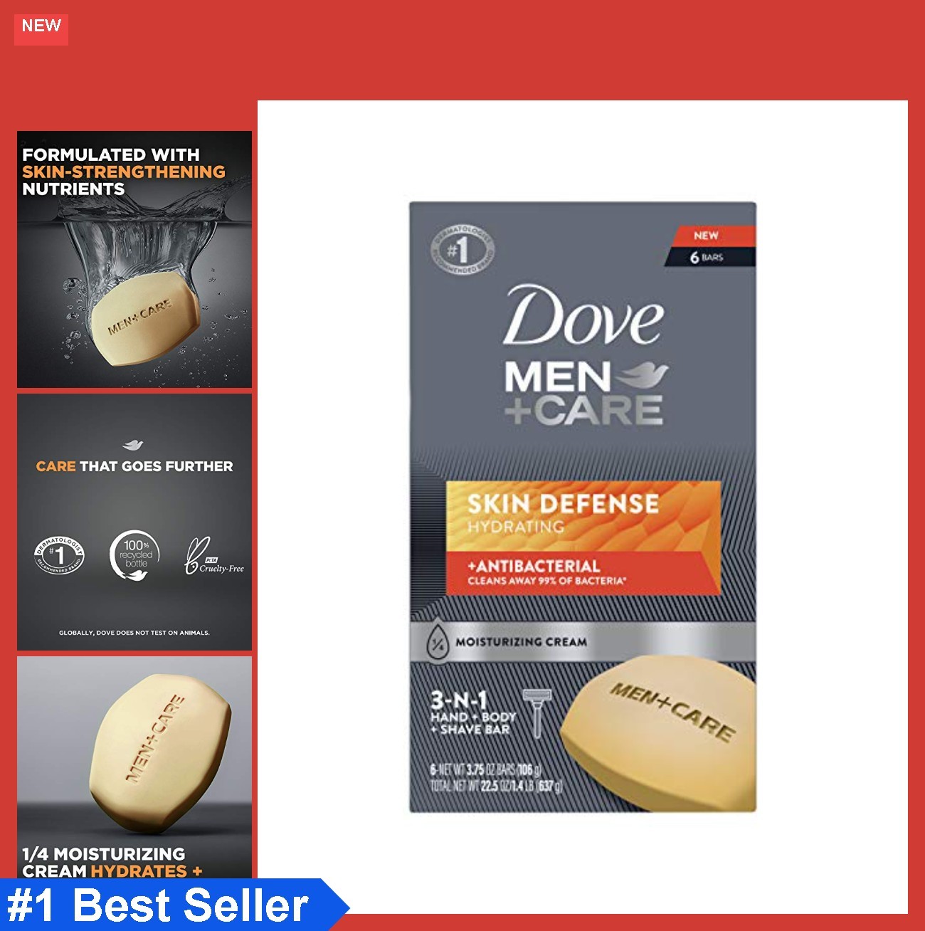 Men Soap Bar Antibacterial 6 Count 3.75 Oz Skin Defense Moisturizing Body Hand