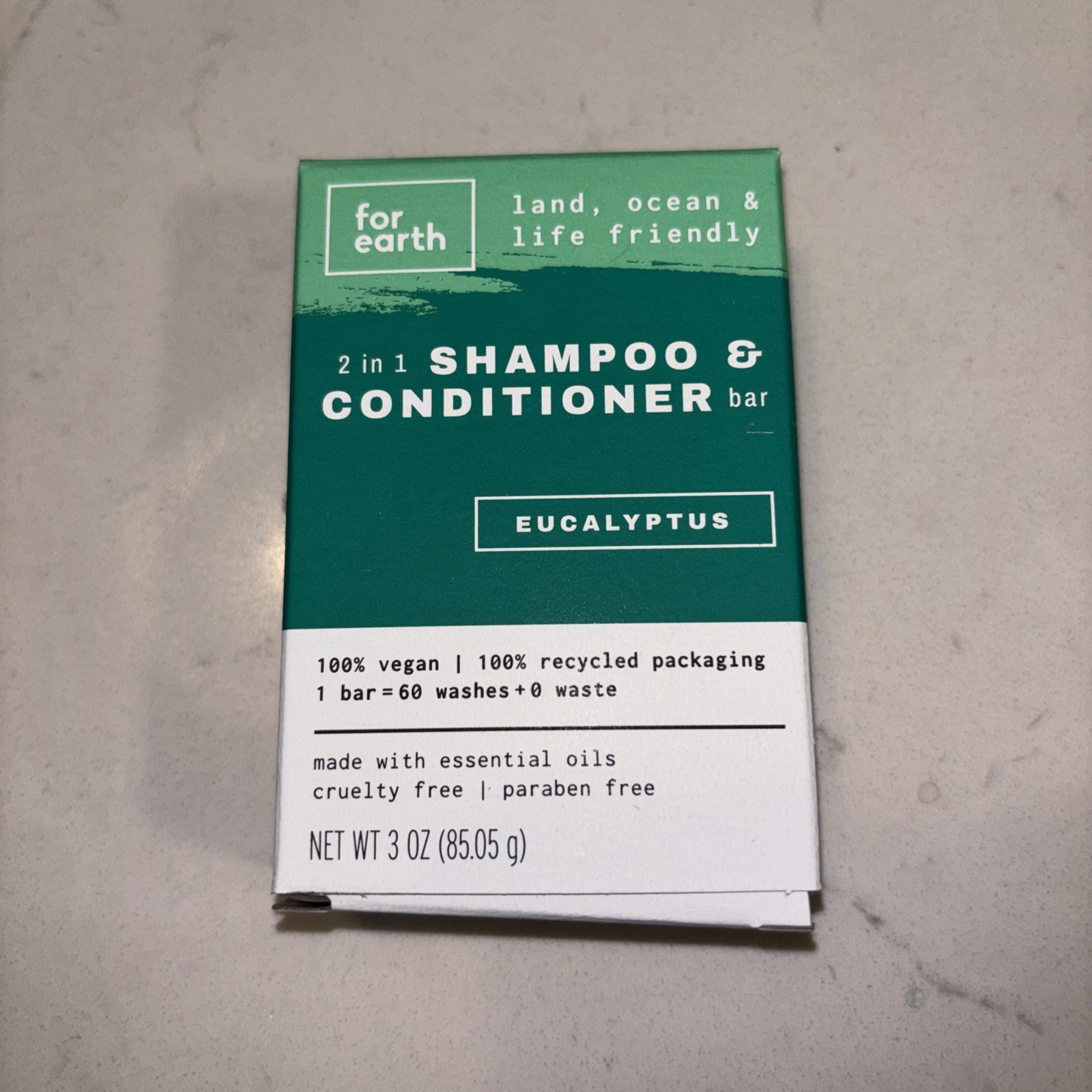 FOR EARTH 100% VEGAN 2 IN 1 SHAMPOO & CONDITIONER 3oz BAR EUCALPTUS NEW