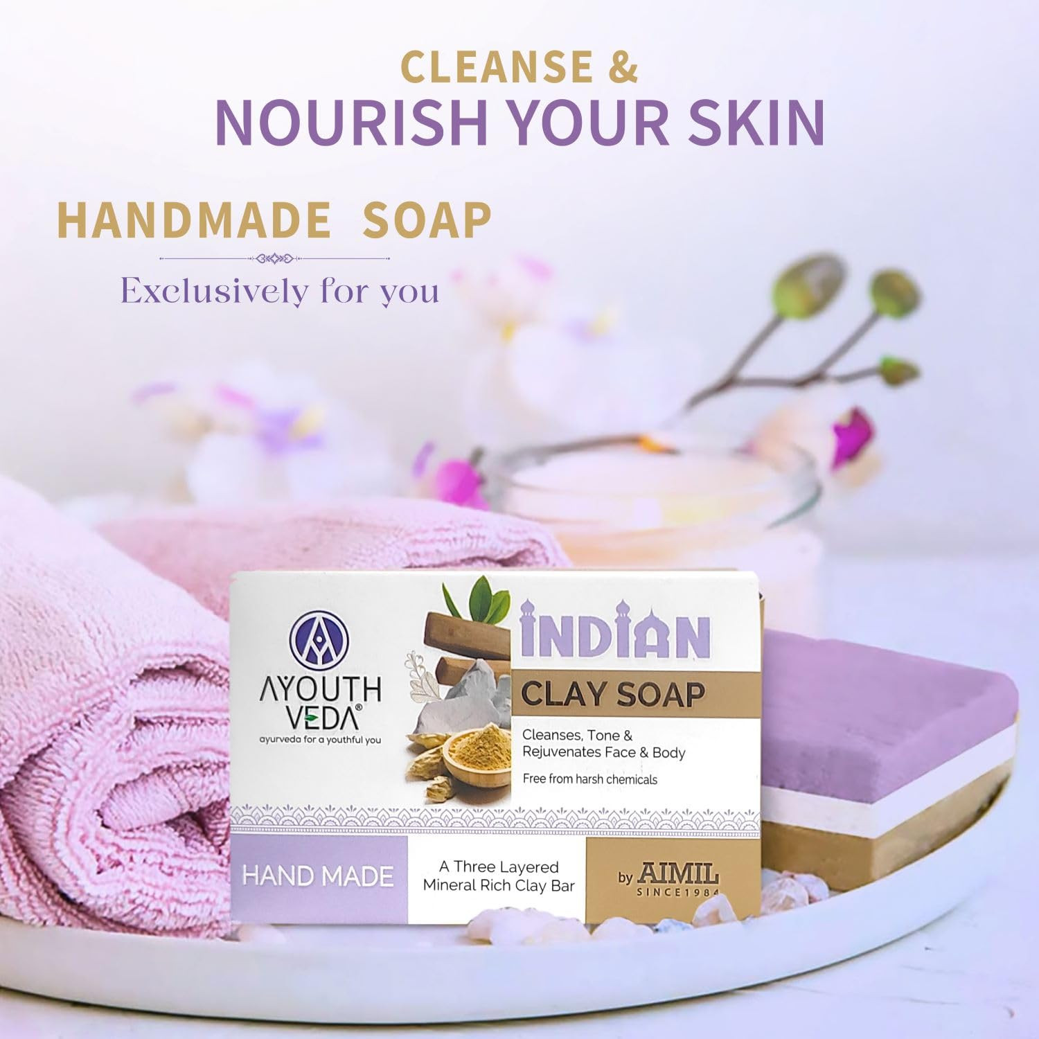 AYOUTHVEDA Handmade Indian Clay Soap Clean Tone Revitalize Skin Nourish 100gm,