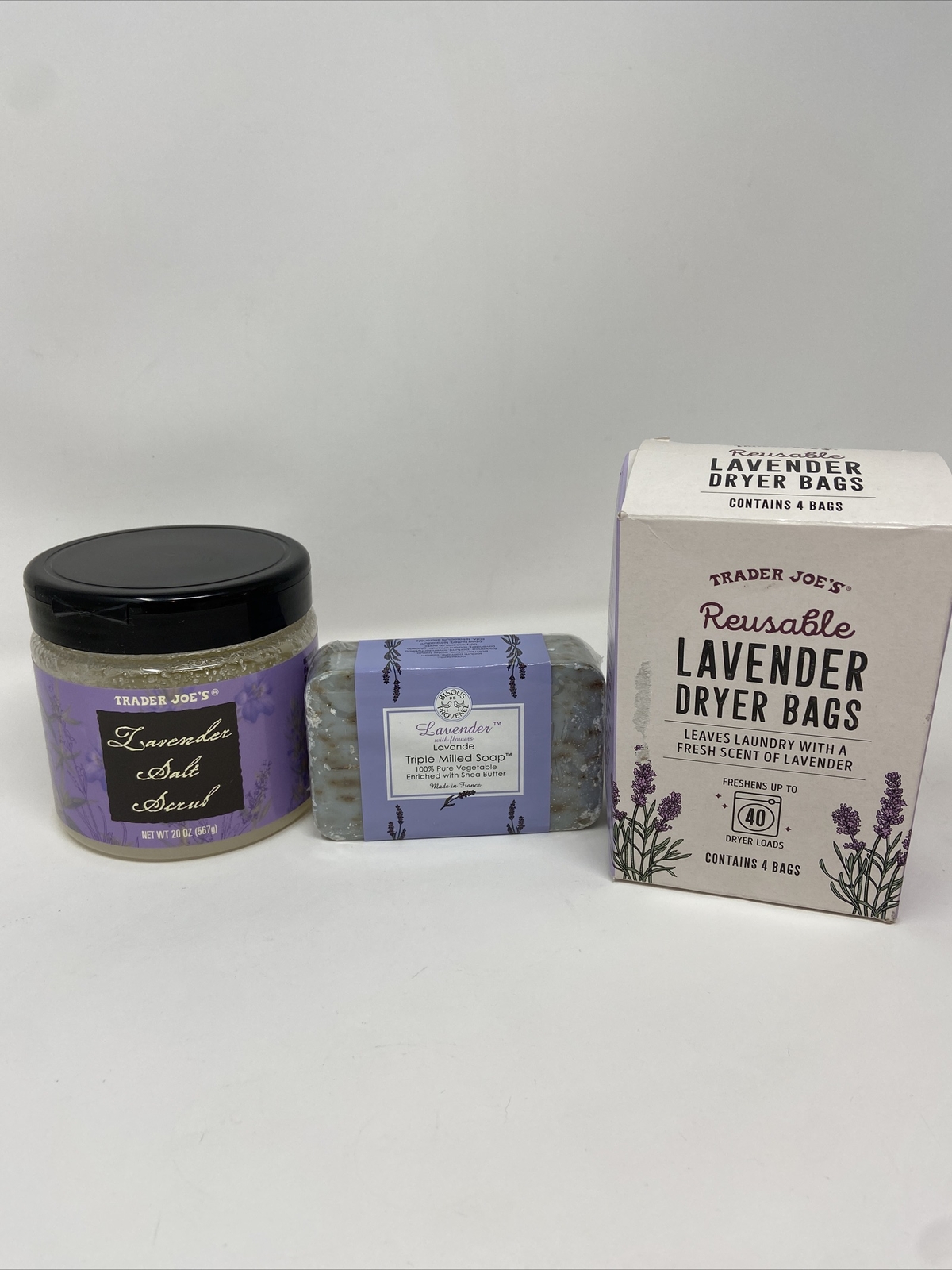 Trader Joe’s LAVENDER Pack:Triple Milled Soap-4 Dryer Bags-20oz Salt Scrub