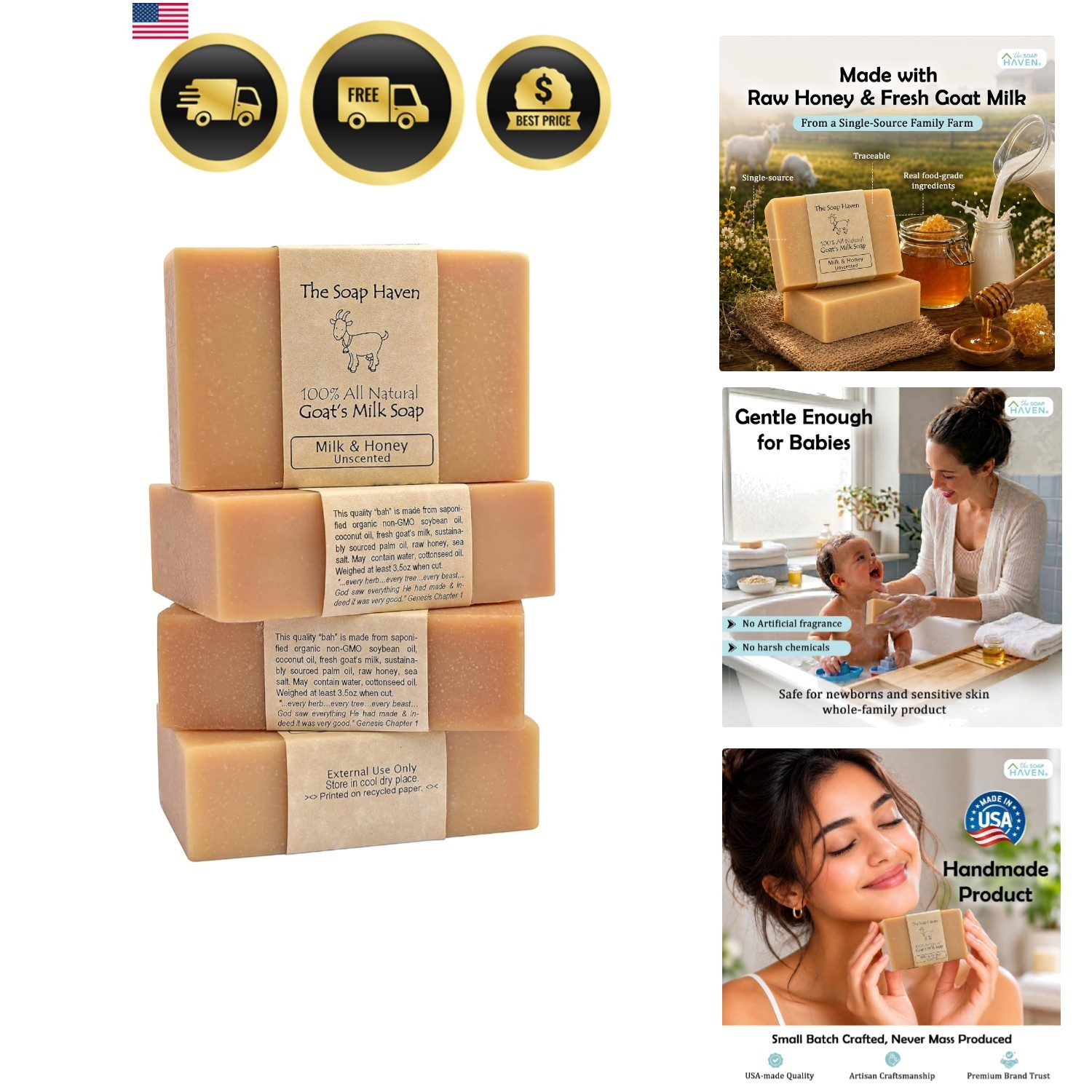 4 Goat Milk Soap Bars with Honey – Hand. All Natural Soap, Unscented, Fragran…