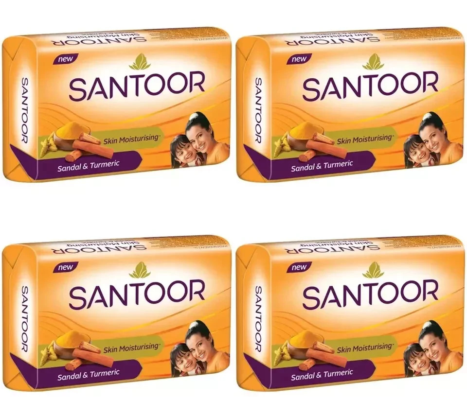 Santoor Sandal & Turmeric Soap (4 x 100g) Moisturizing & Skin Brightening Bars