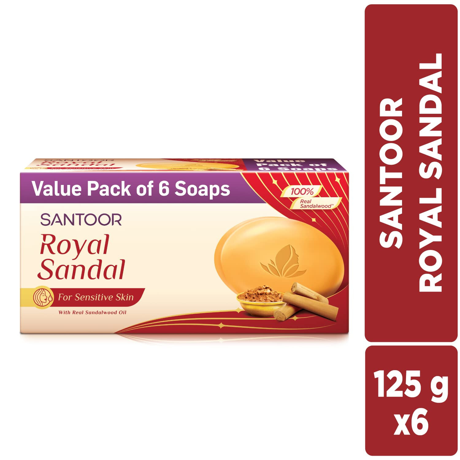 6No. Santoor Royal Sandal Bathing Soap for Sensitive Skin -125g -Free Ship