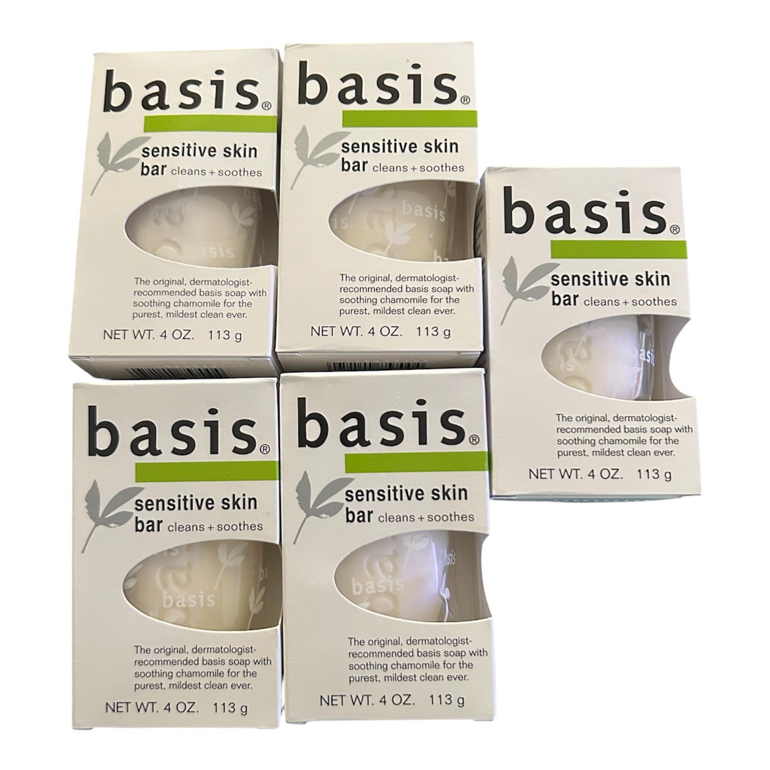 Basis Sensitive Skin Bar Soap for Body, Hands and 4 Ounce (Pack of 5 ) white New