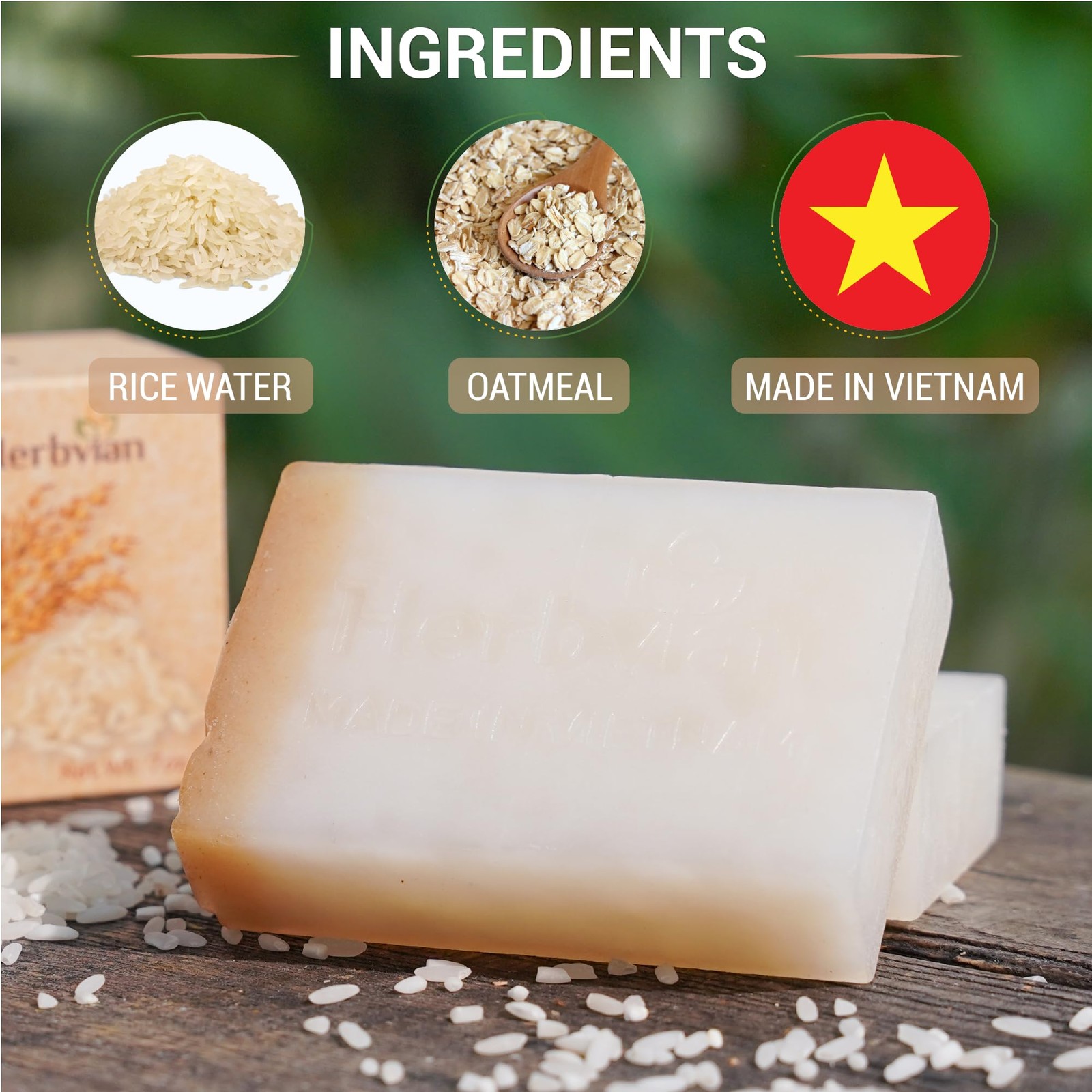 Herbvian 2 Pcs Vietnamese Rice Water Soap Bar for Face 3.5 Ounce (Pack of 2)
