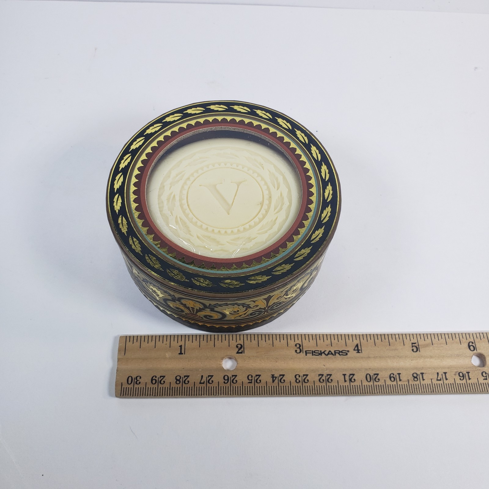 Punch Studio 5oz Lemon Verbena Monogram V Soap With Antique Designer Round Box