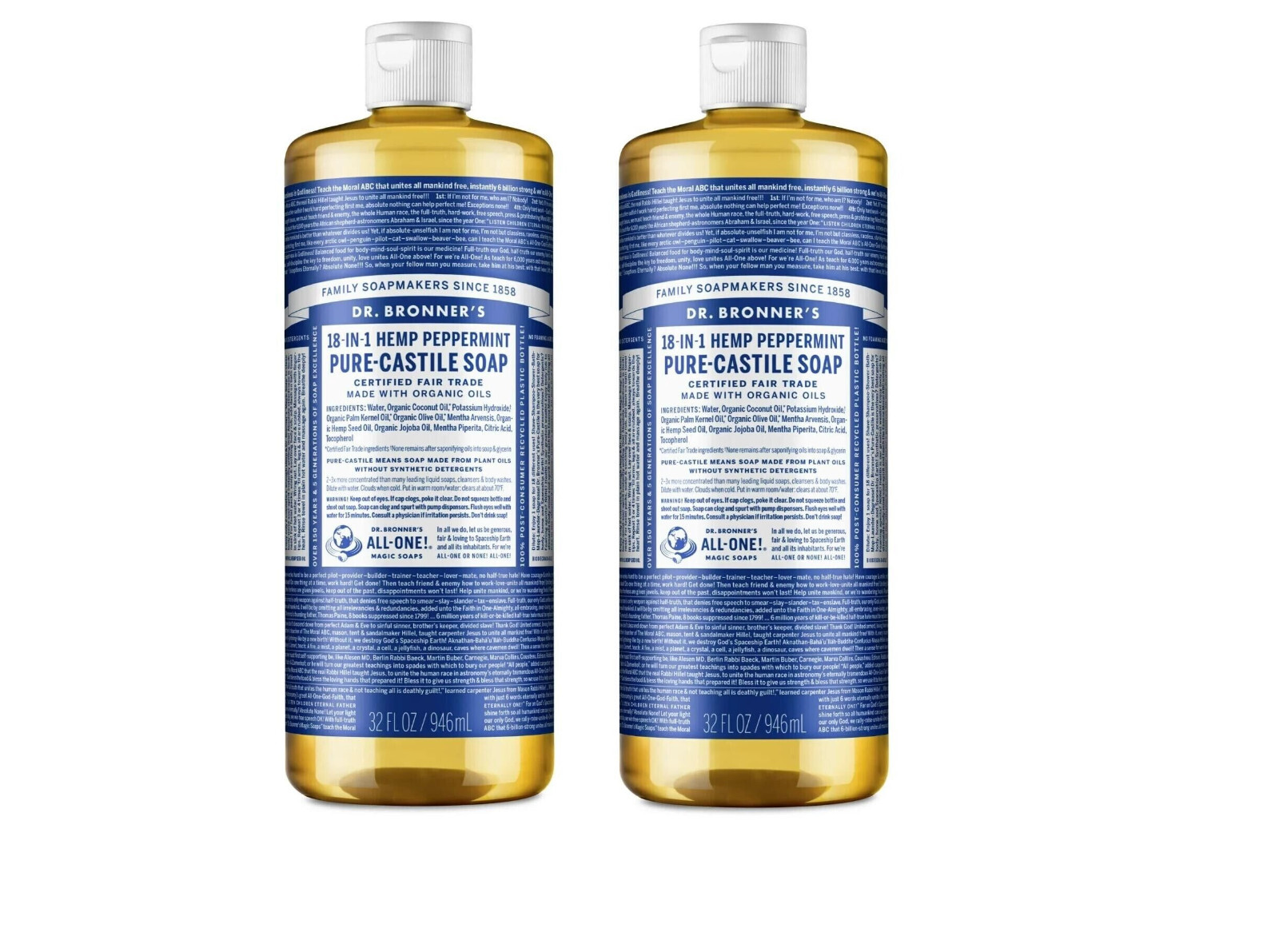 Dr. Bronner’s Pure Castile Liquid Soap 32oz – Peppermint 2 pack (64 Oz)