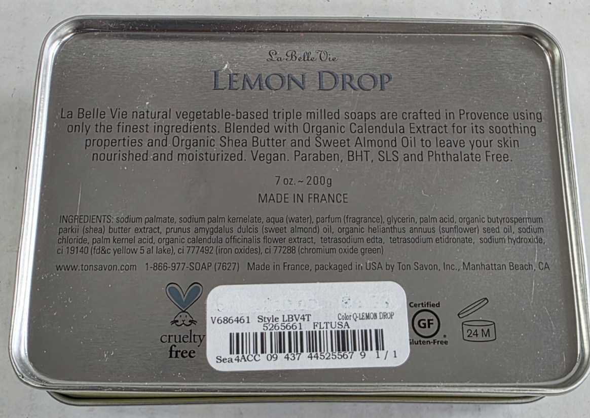 La Belle Vie Triple Milled Soap Bar LEMON DROP Shea Butter 7Oz NEW France