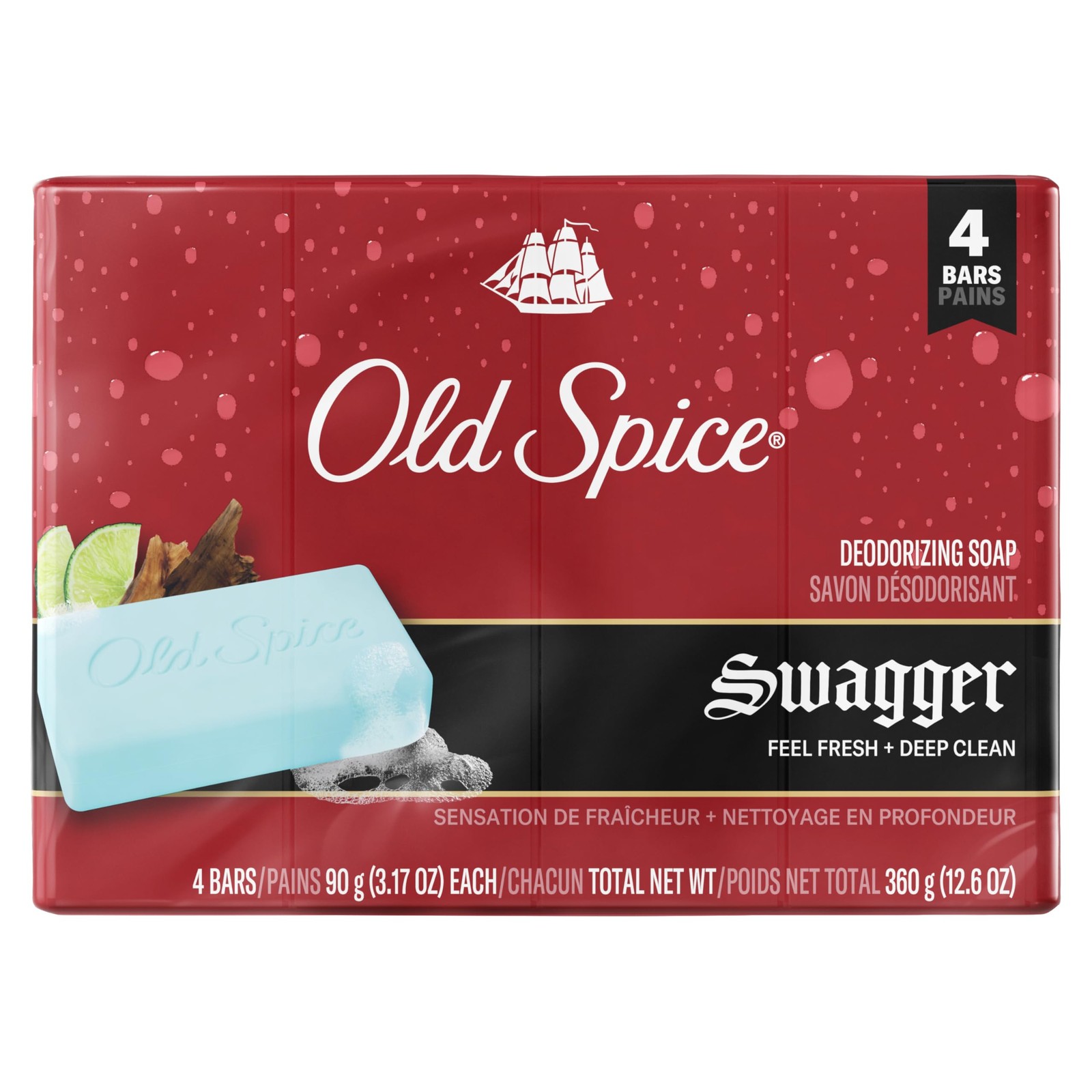 Old Spice Bar Soap for Men, Deodorizing, Feel 3.17 Ounce (Pack of 4), Red