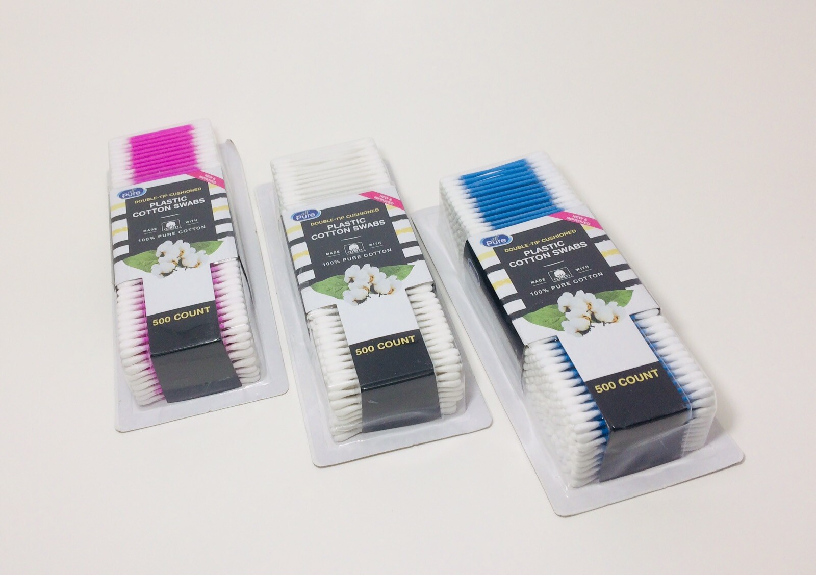 Cotton Swabs Double-Tip Cushioned 100% Pure Cotton-Blue, White, Pink 500ct-