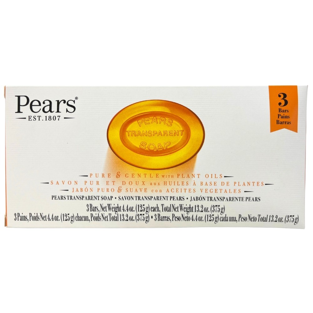 Pears Transparent Soap Bars, Pure & Gentle with Plant Oils, 3 Bars, 4.4 Oz Ea
