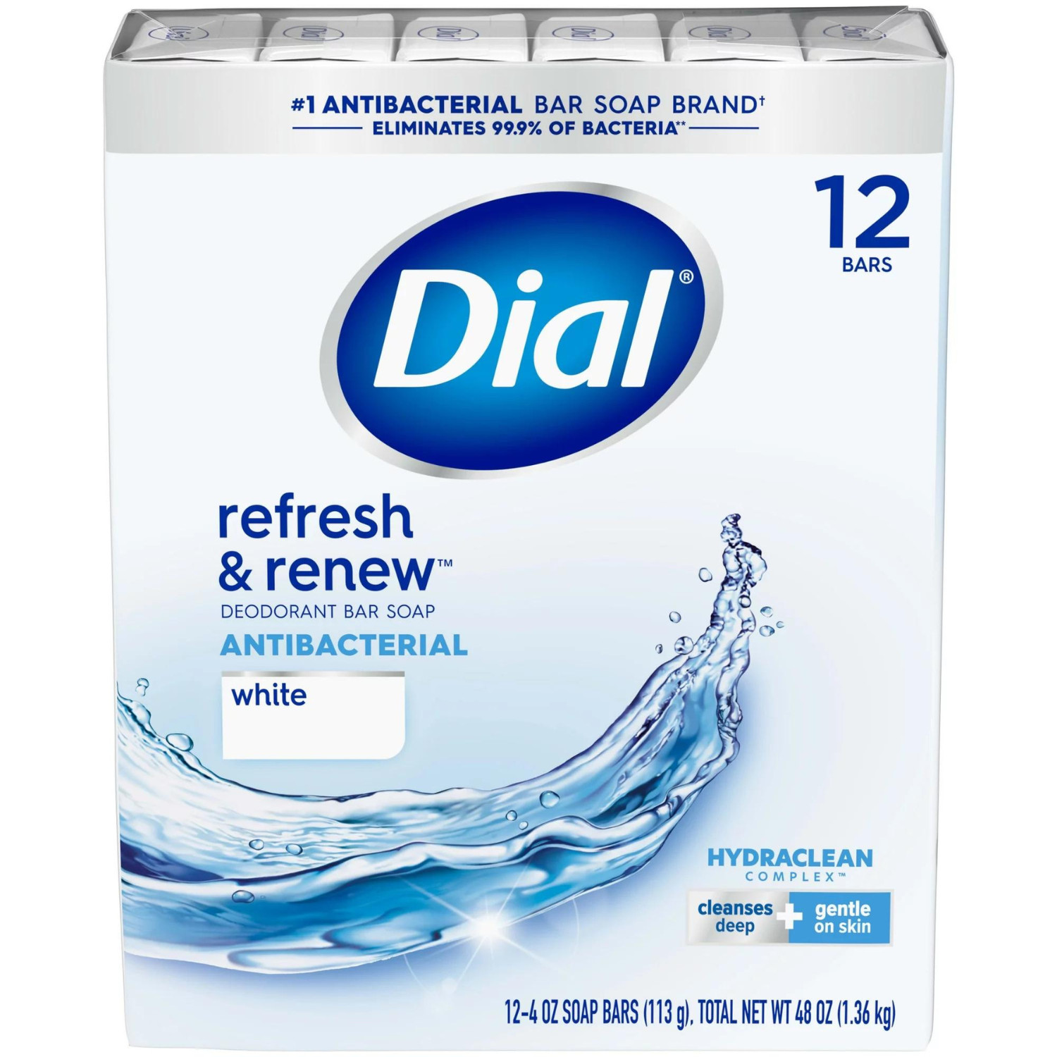 Dial Antibacterial Bar Soap, Refresh & Renew, Clean Rinsing, White, 4 oz, 12 Bar