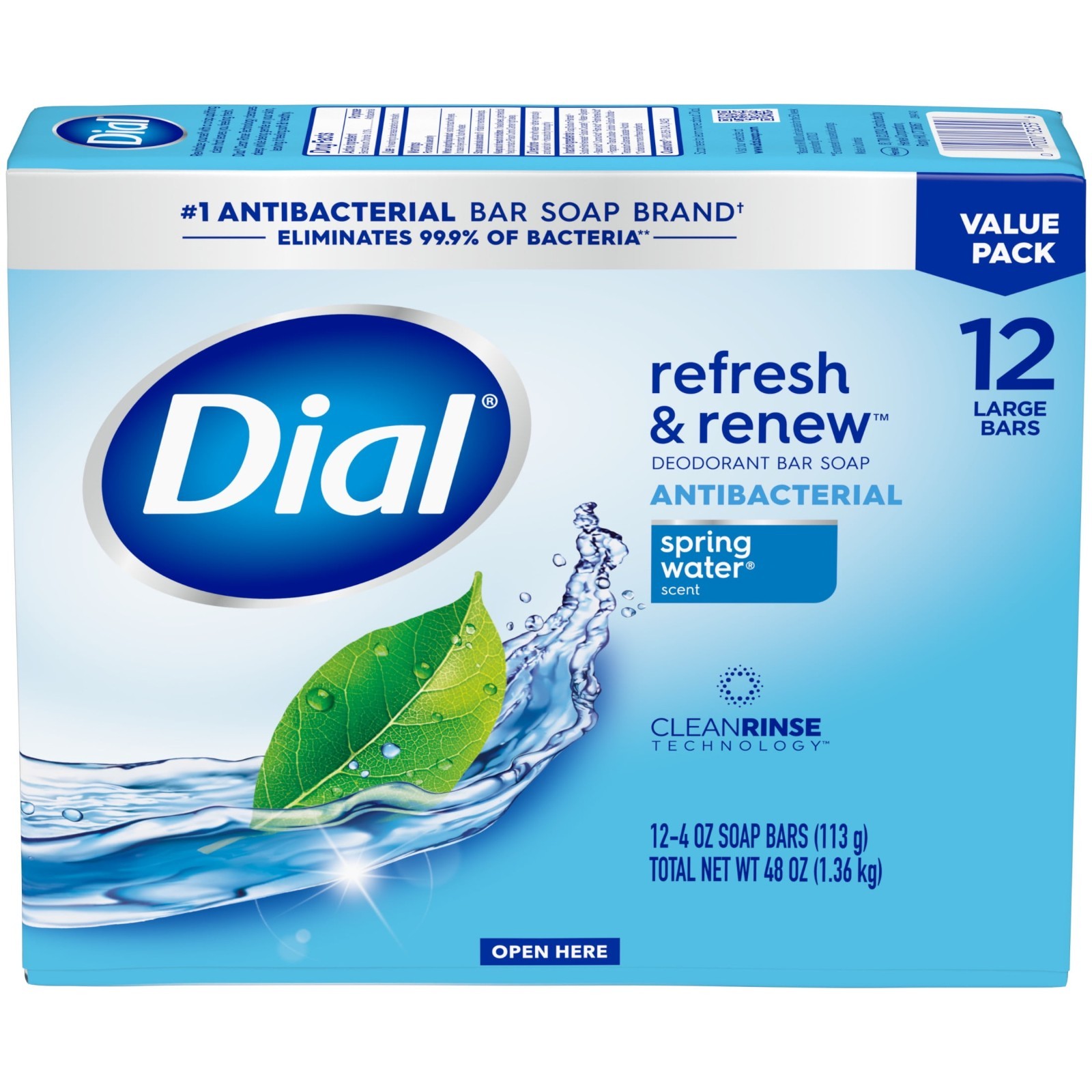 (2 Pack) Dial Antibacterial Bar Soap Spring Water 4 oz, 12Count, Refresh & Renew