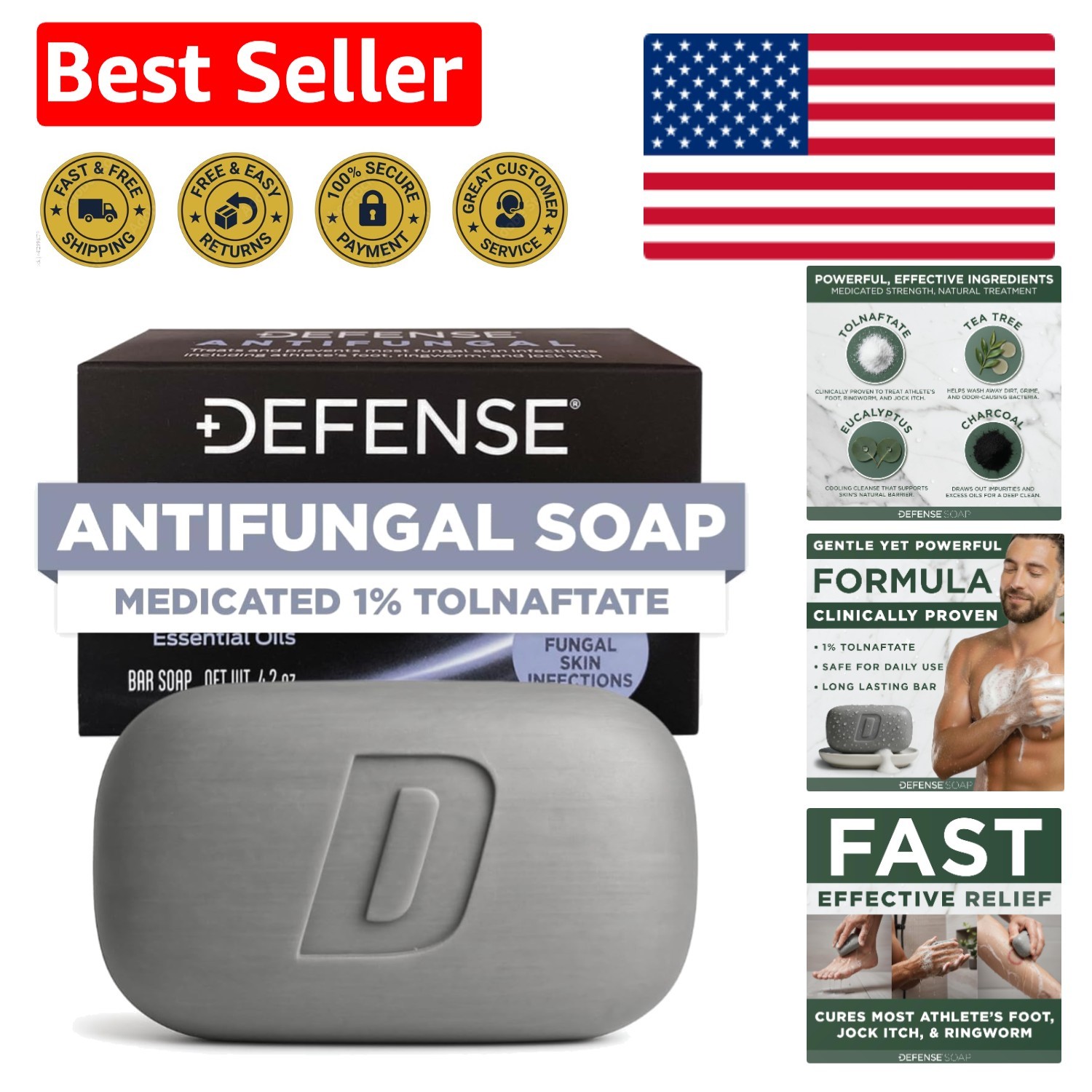 Defense Antifungal Soap Bar – Powerful Treatment for Fungus, 4.2 oz, All Ages