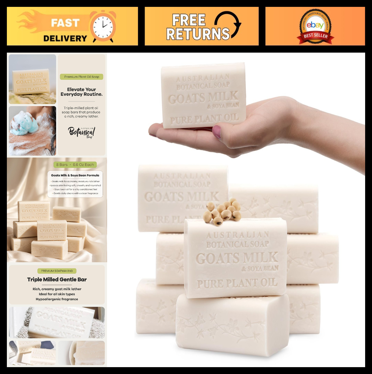 Goat Milk Soap Bars – 8 Pack, 6.6 OZ Each, Enriched with Shea Butter & Soya Oil,