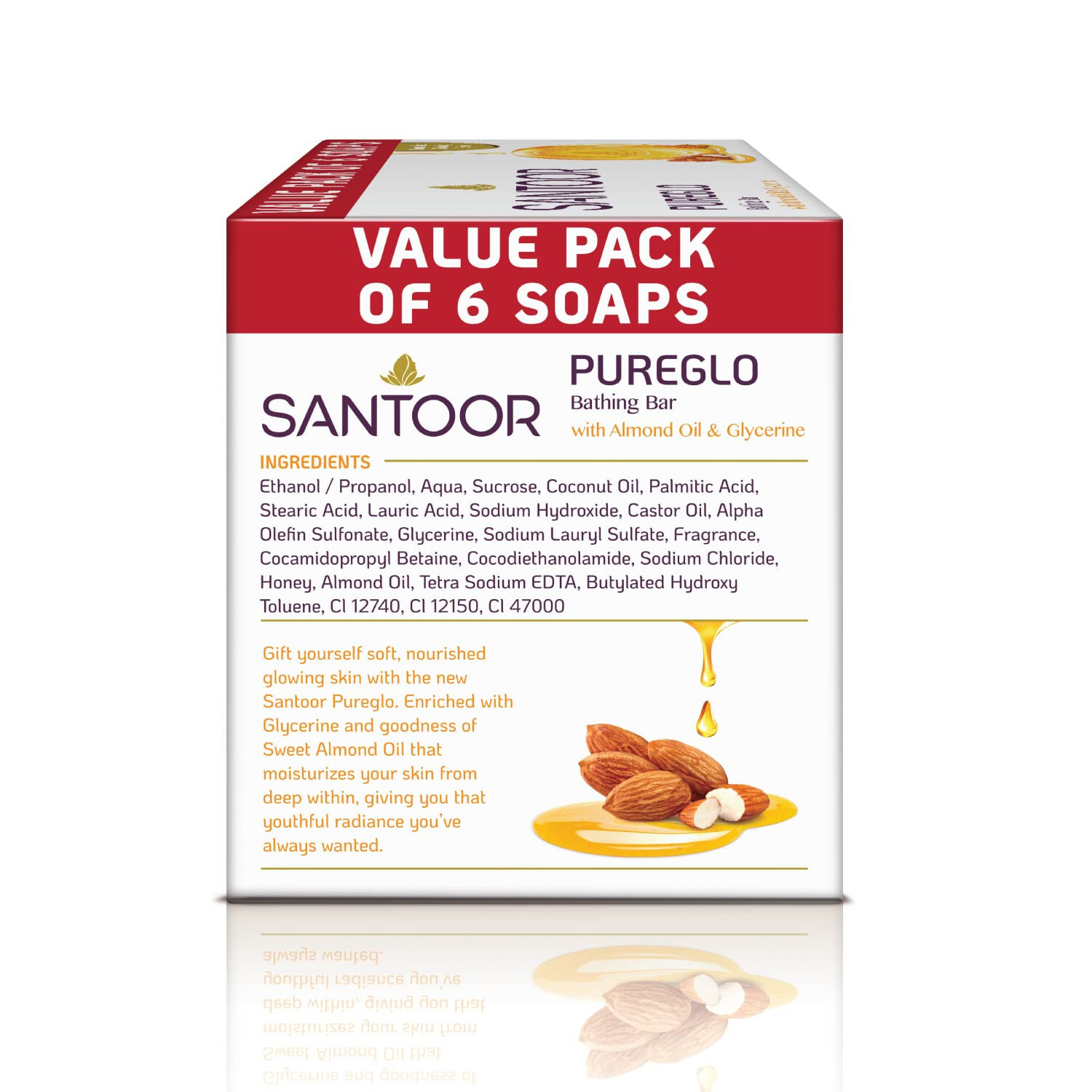 6X Santoor PureGlo Glycerine Bathing Bar Soap with Almond Oil -125g -Free Ship