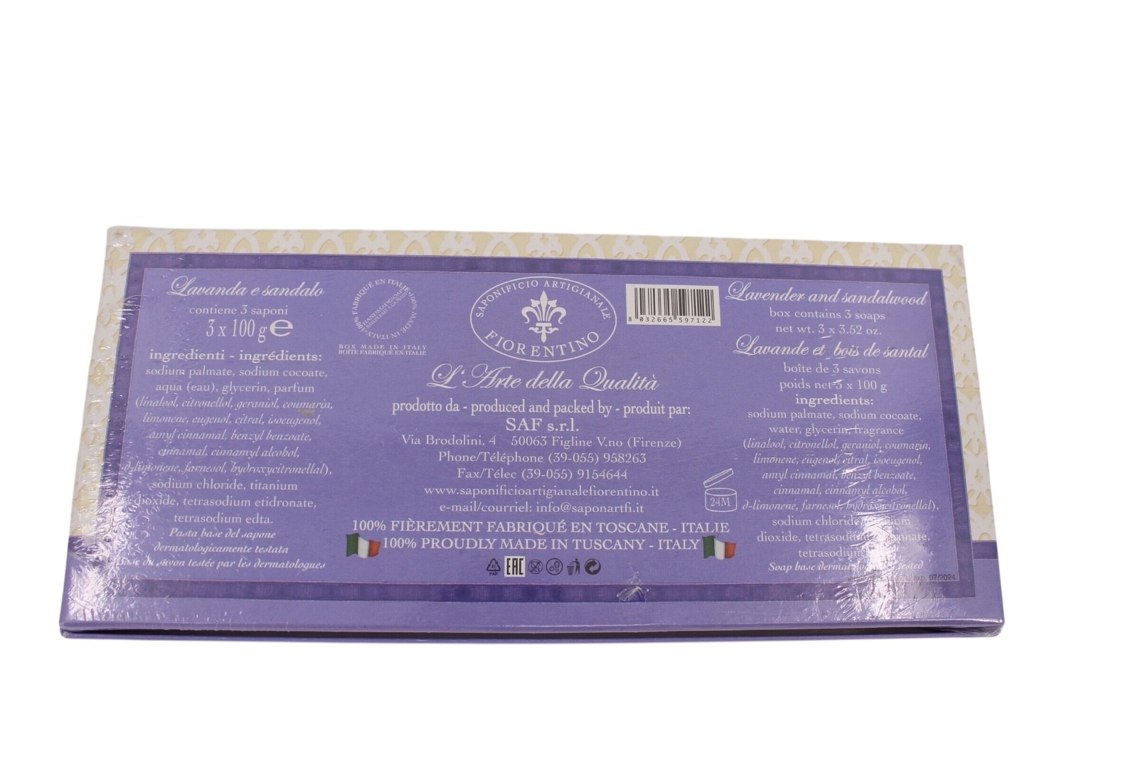 Saponificio Artigianale Fiorentino Luxury Soaps 3 Pack Lavender Sandalwood NEW