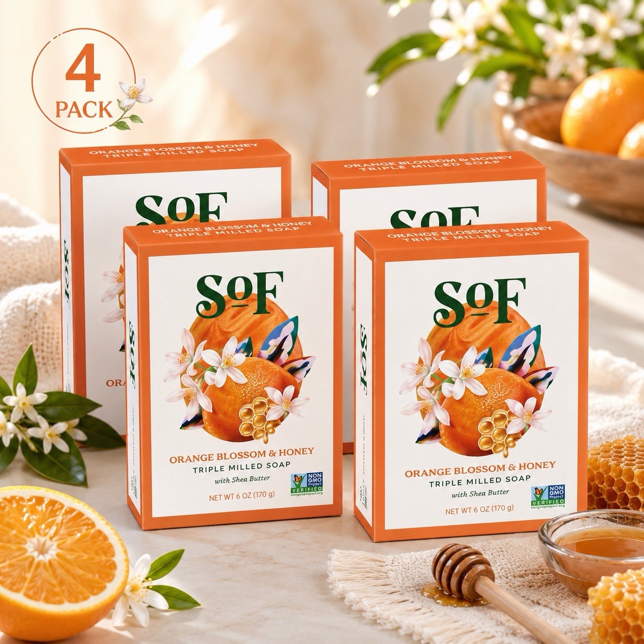 SoF Orange Blossom & Honey Triple Milled Bar Soap with Shea Butter Pack of 4