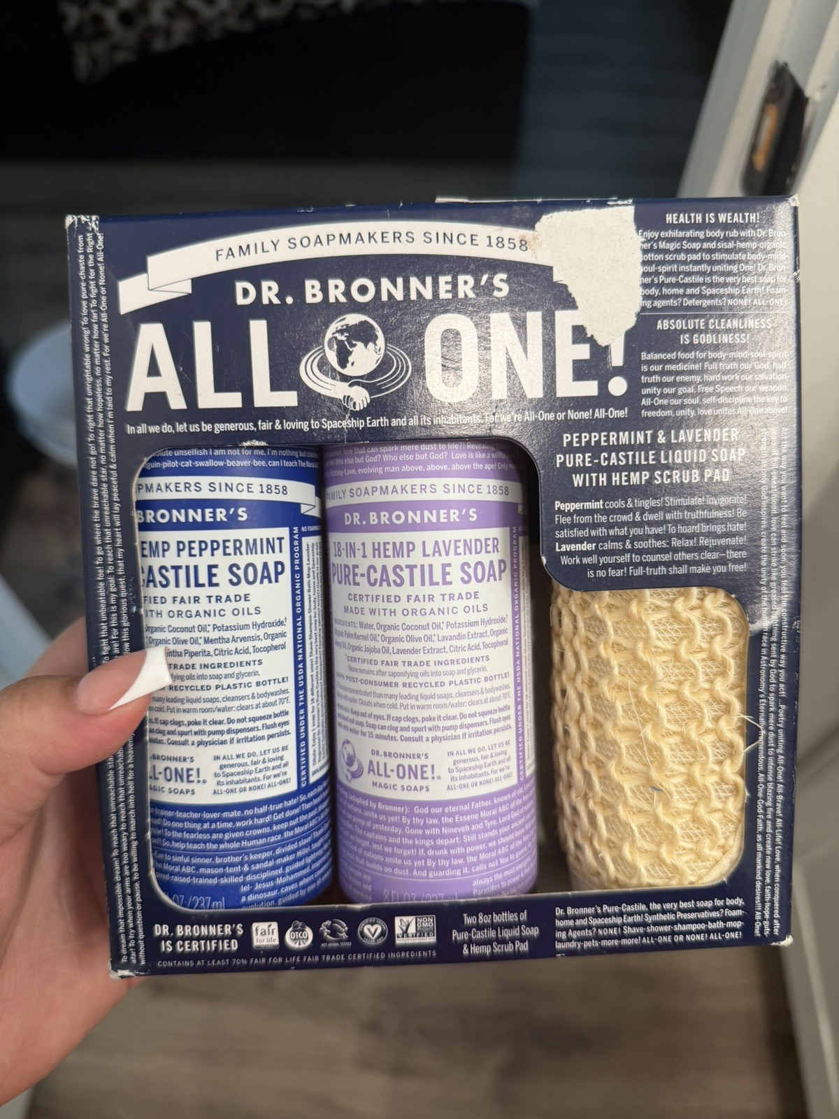 Dr Bronners, Liquid Soap Gift Set Peppermint Lavender Scrub Pad Organic