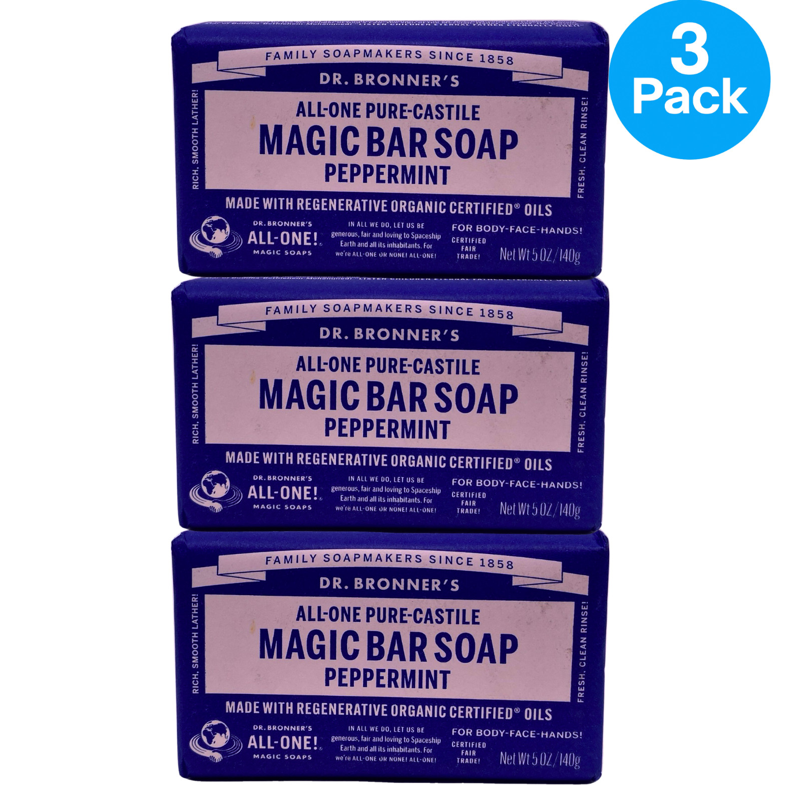 Dr. Bronner’s All-One Pure-Castile Magic Bar Soap Peppermint 5 oz 3 Pack New