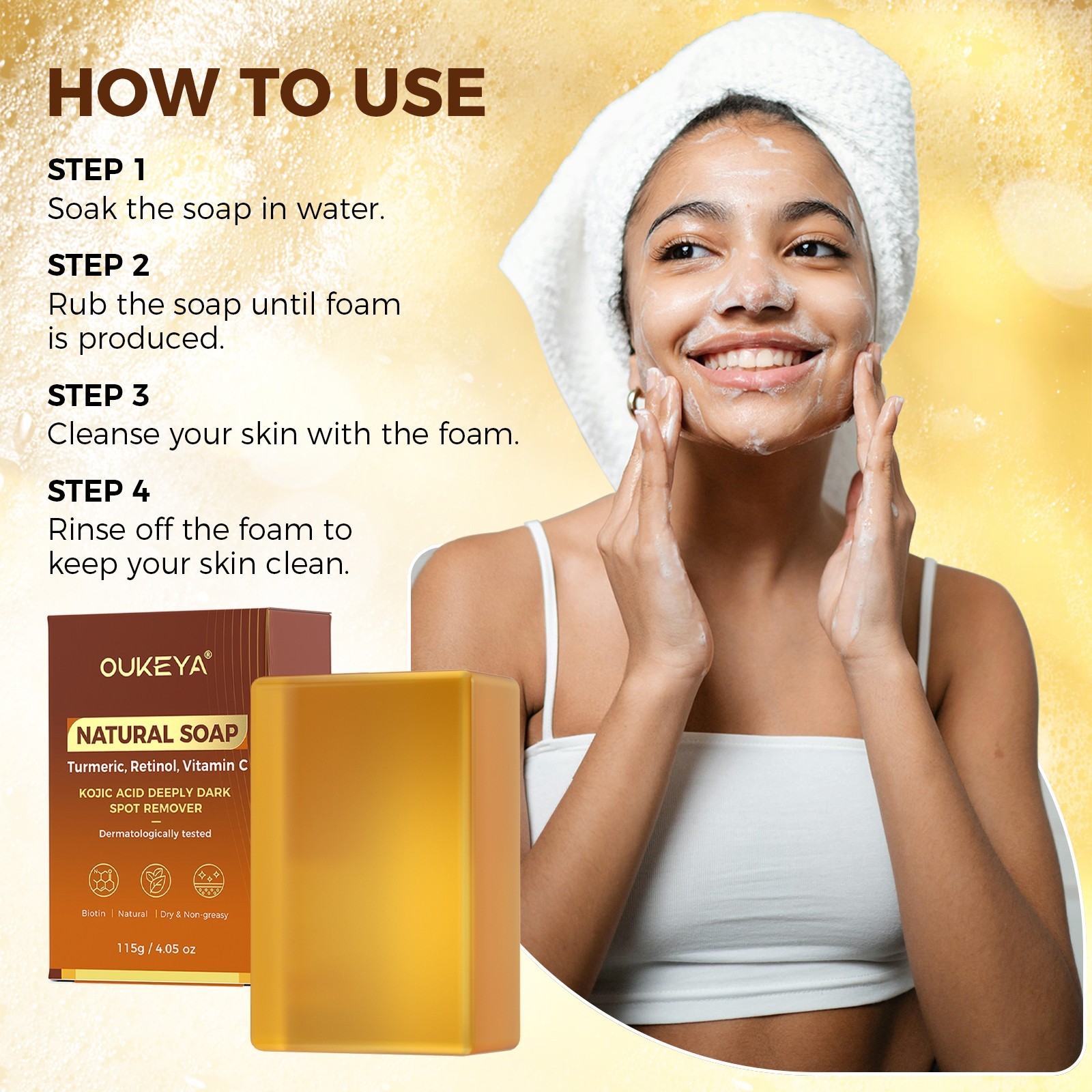 OUKEYA Turmeric Kojic Acid Soap, Skin Whitening Dark Spots lightening Acne 115g