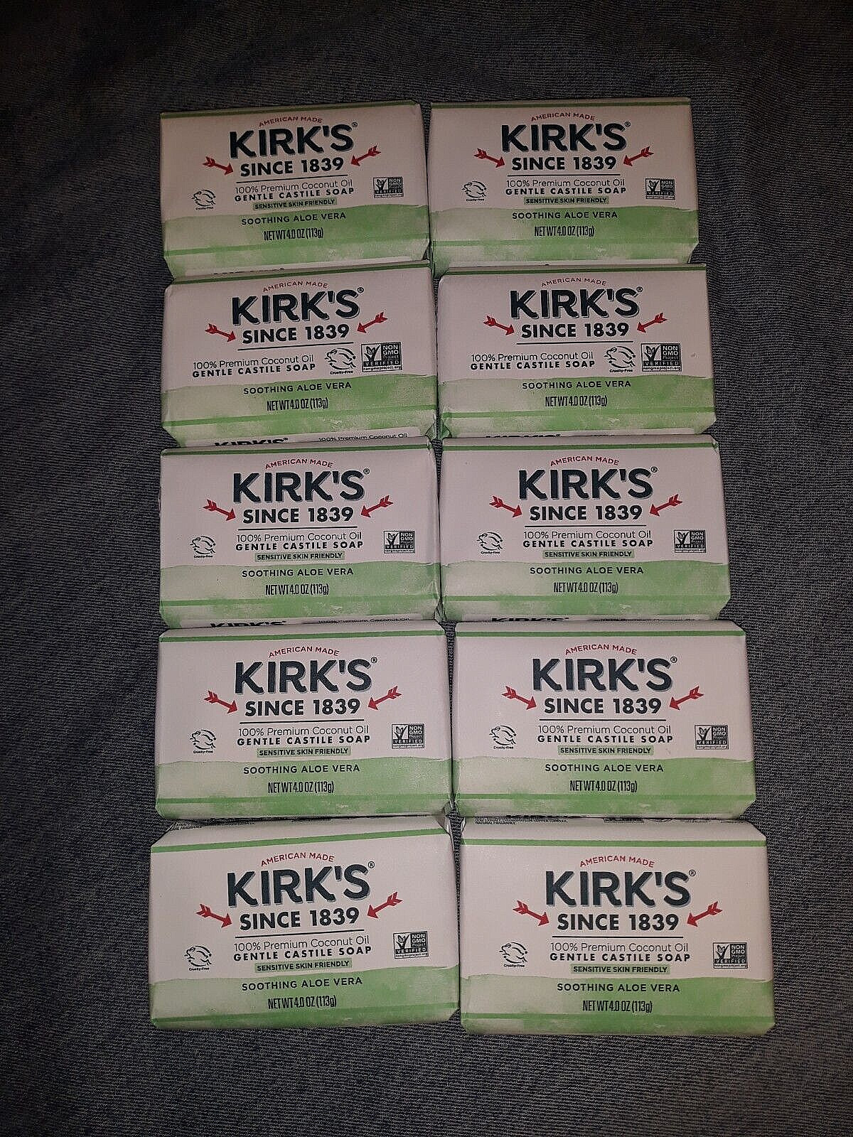 Kirk’s Original 100% Coconut Oil Castile Soothing Aloe Vera 4 Oz Soap Bars x10