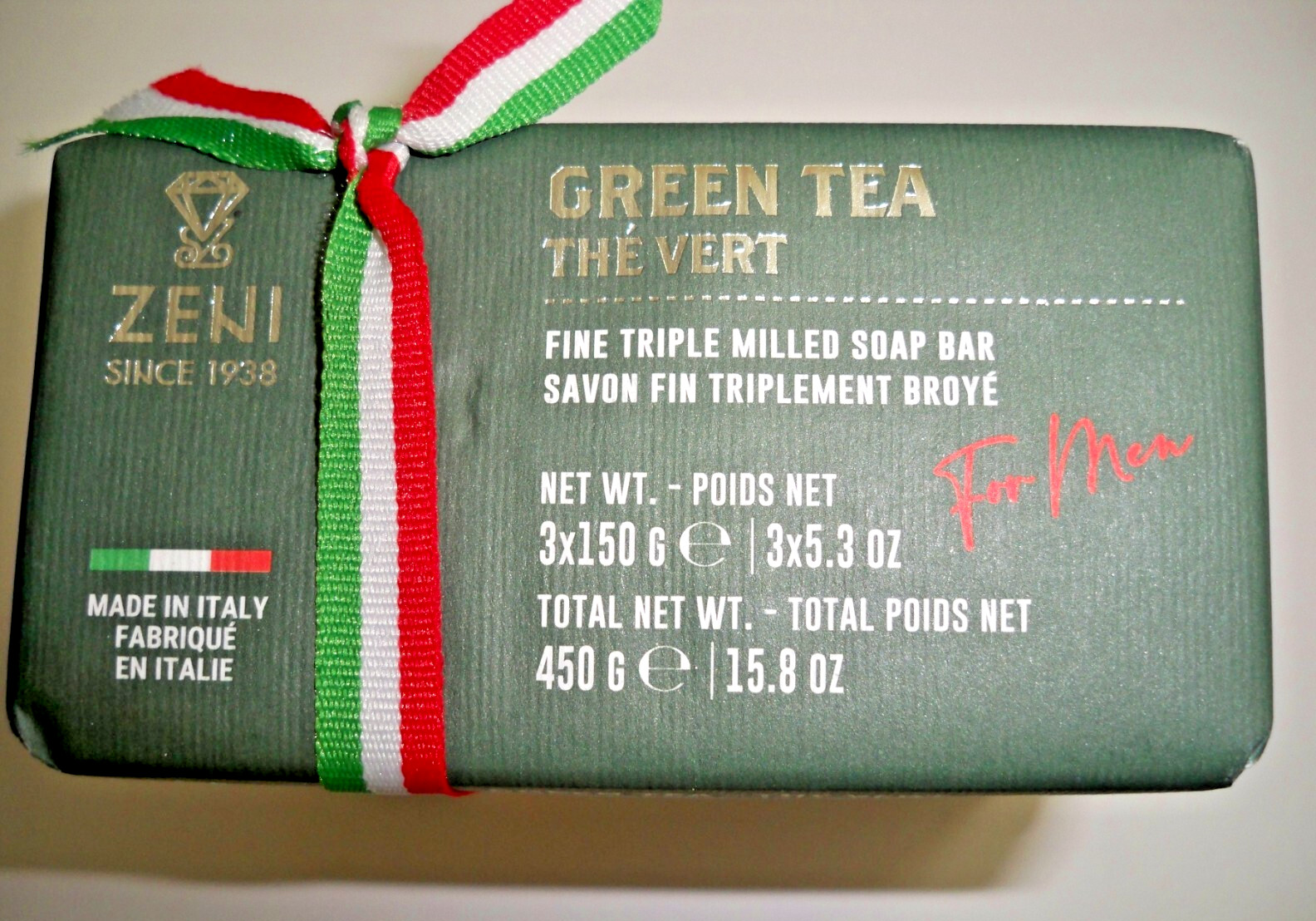 ZENI thé vert GREEN TEA SOAP BAR Made in Italy For Men Fine Triple Milled 15.8oz
