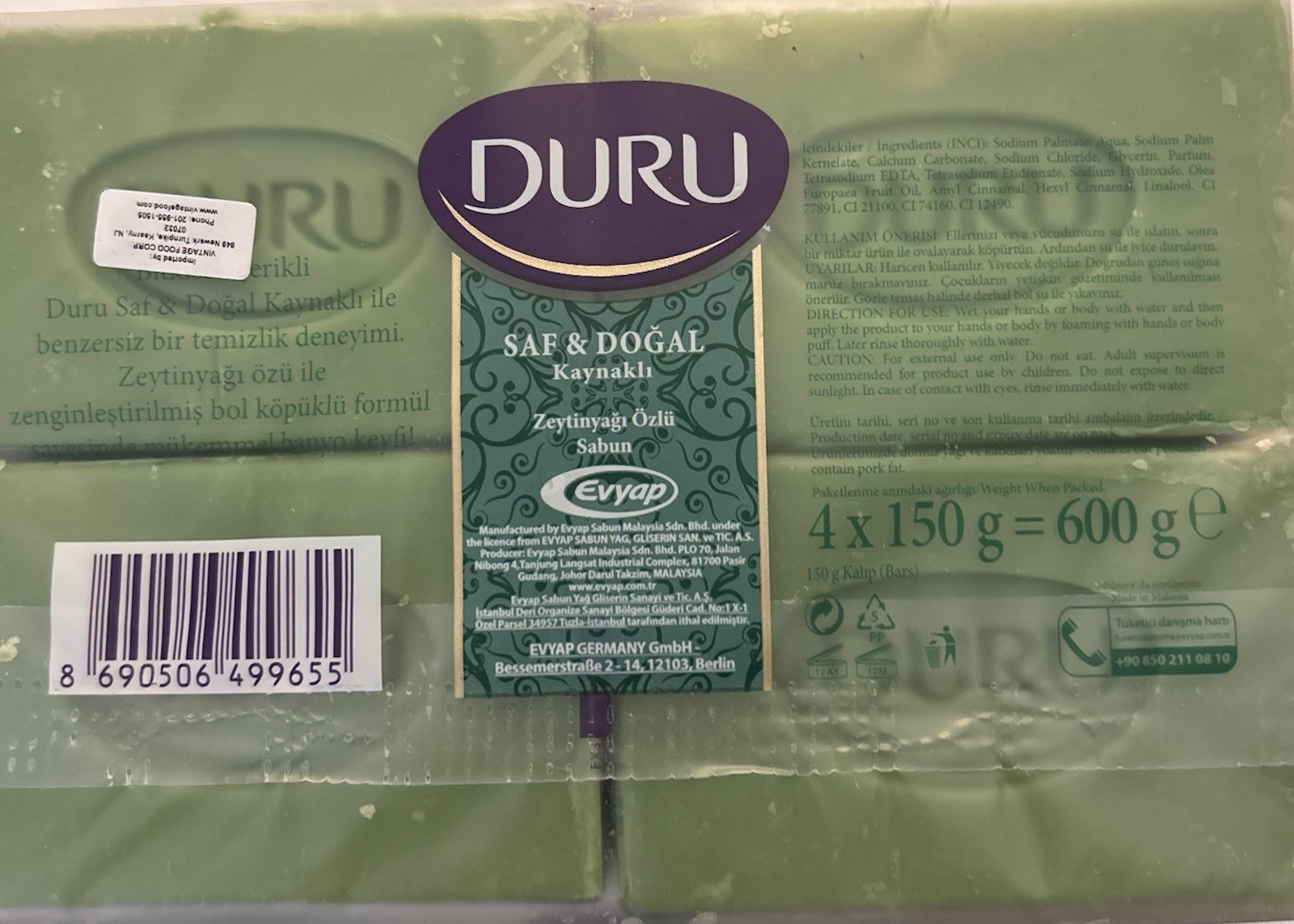 Duru Saf & Dogal Olive Oil Vegan Bar Soap Olive Scent 4 Pack 600g
