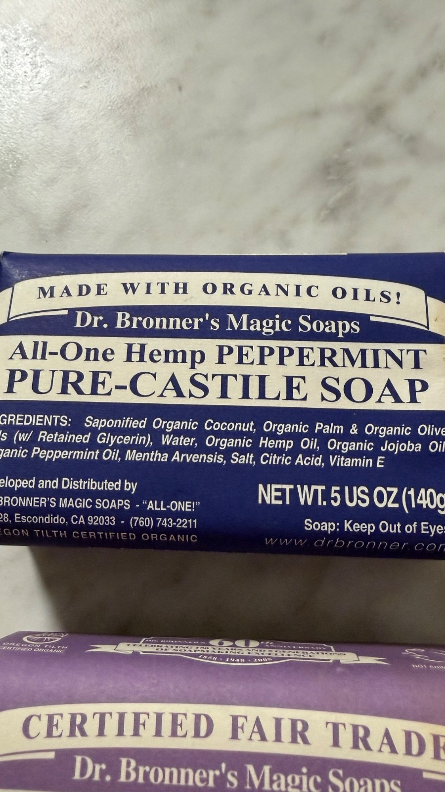 Dr Bronner’s Pure Castille Peppermint Bar Soap & A Lavender Soap. ( 2 PK)