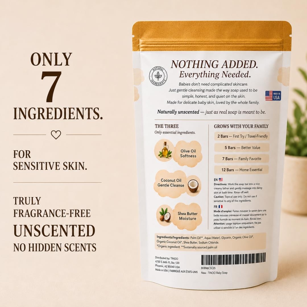 TINOQ Fragrance Free Baby Bar Soap for Sensitive Skin | Unscented Natural soap