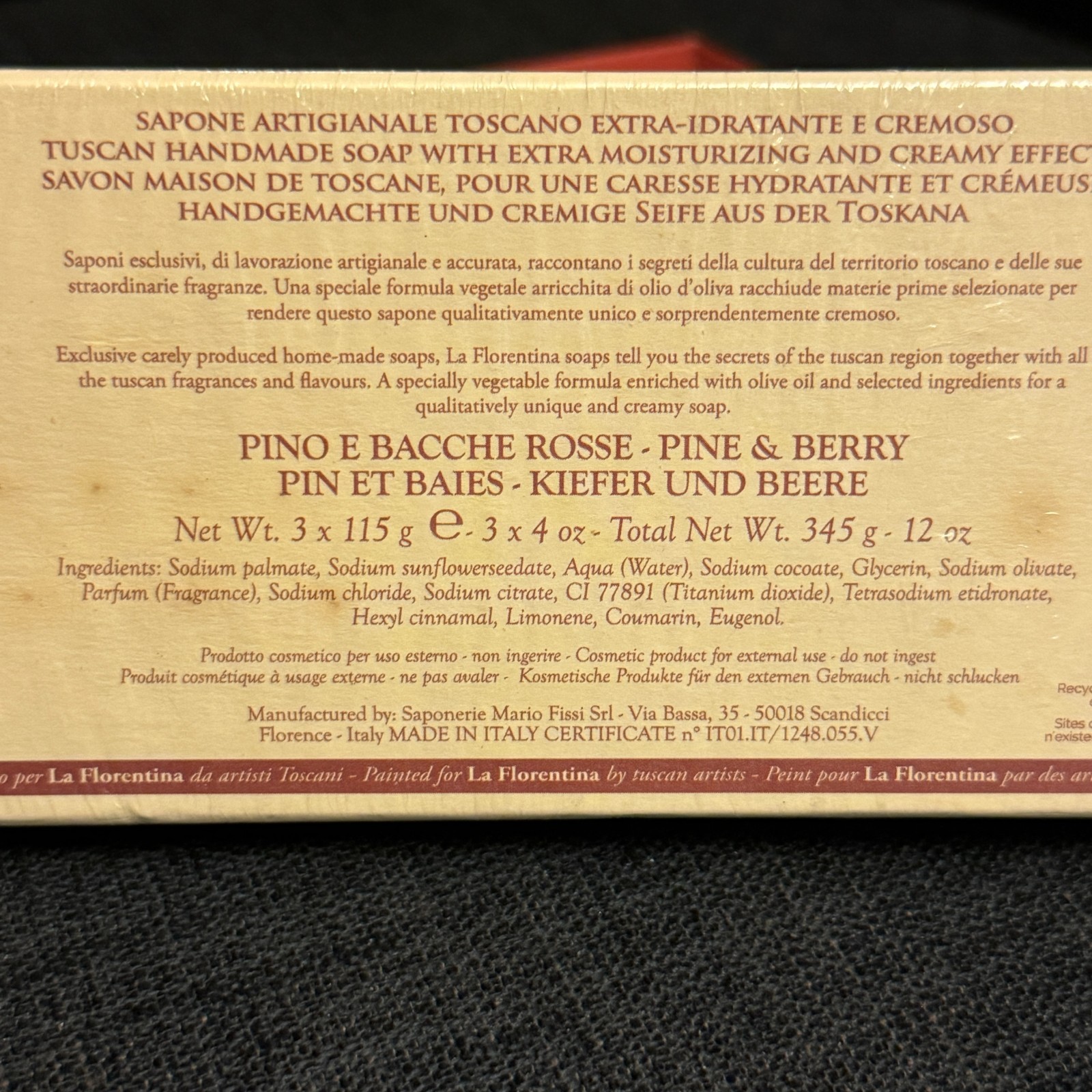 La Florentina Luxury Natural Pine & Berry Bar Soap Set -3x14oz Handmade In Italy